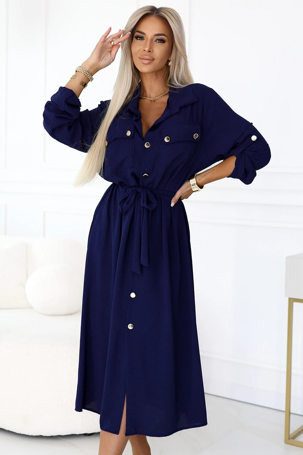 Midi Shirt Dress with Gold Buttons and Tie – Navy Blue