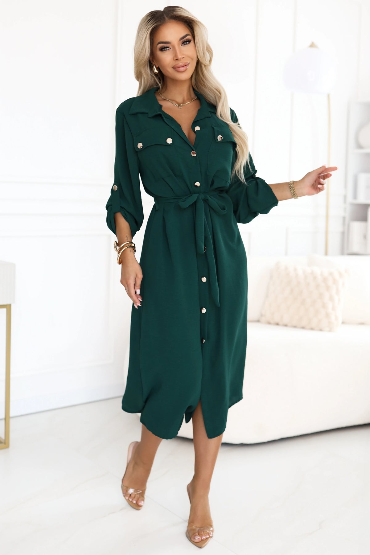 Midi shirt dress with gold buttons and tie detail – Green