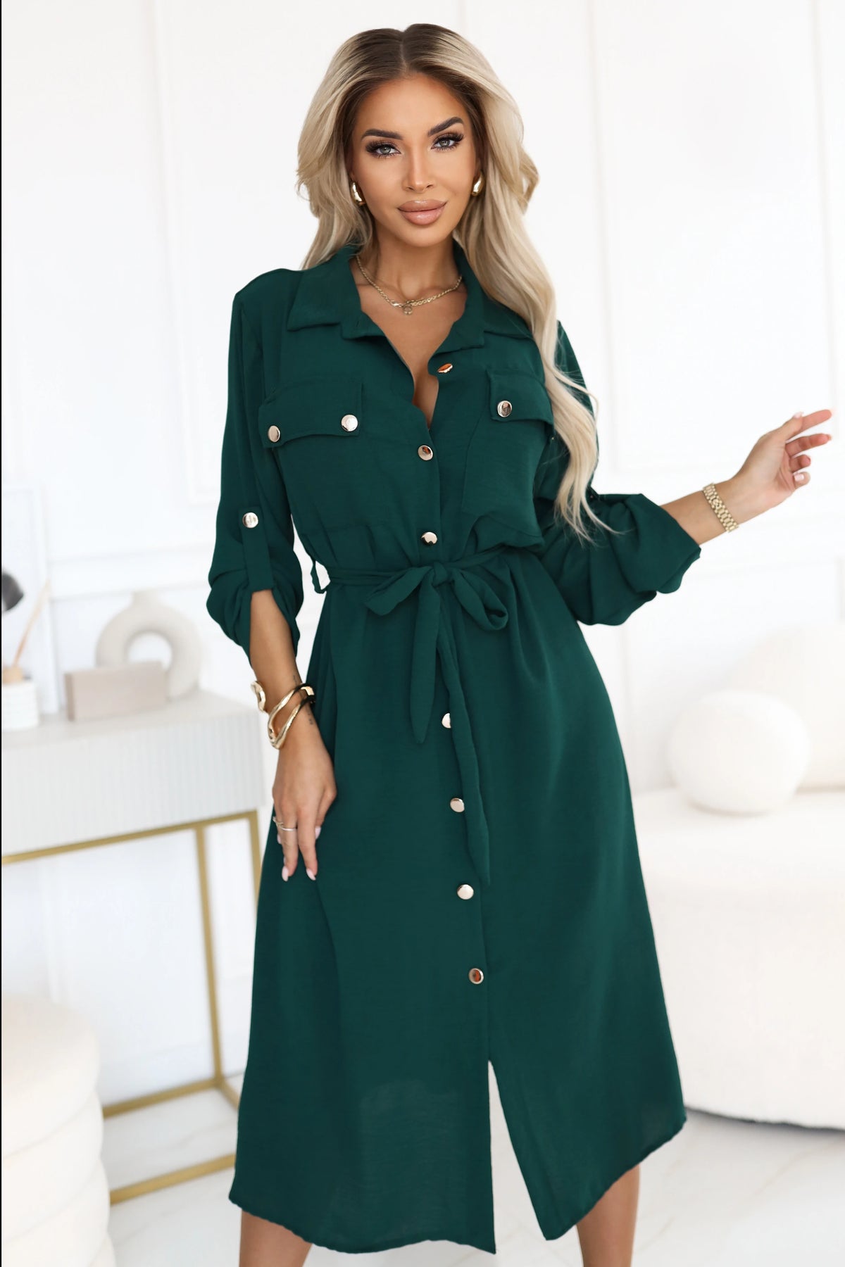 Midi shirt dress with gold buttons and tie detail – Green