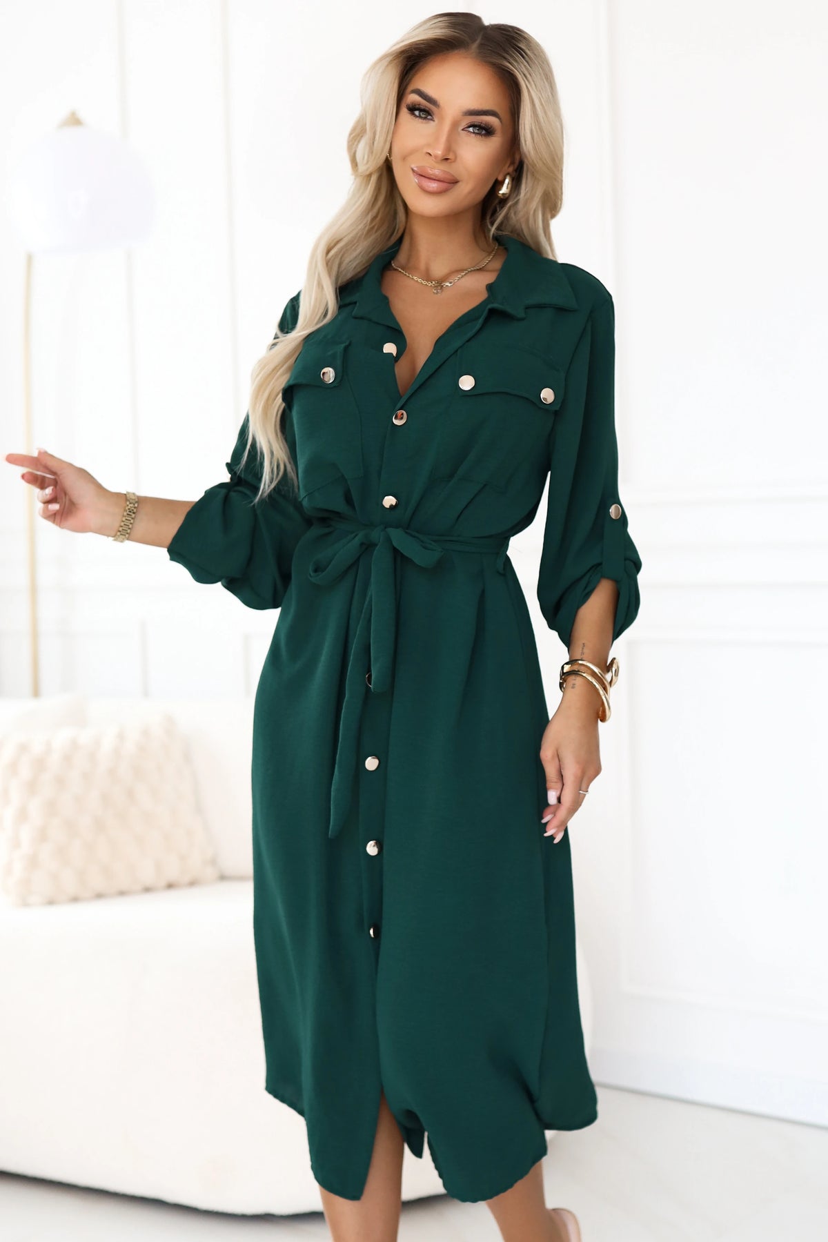 Midi shirt dress with gold buttons and tie detail – Green