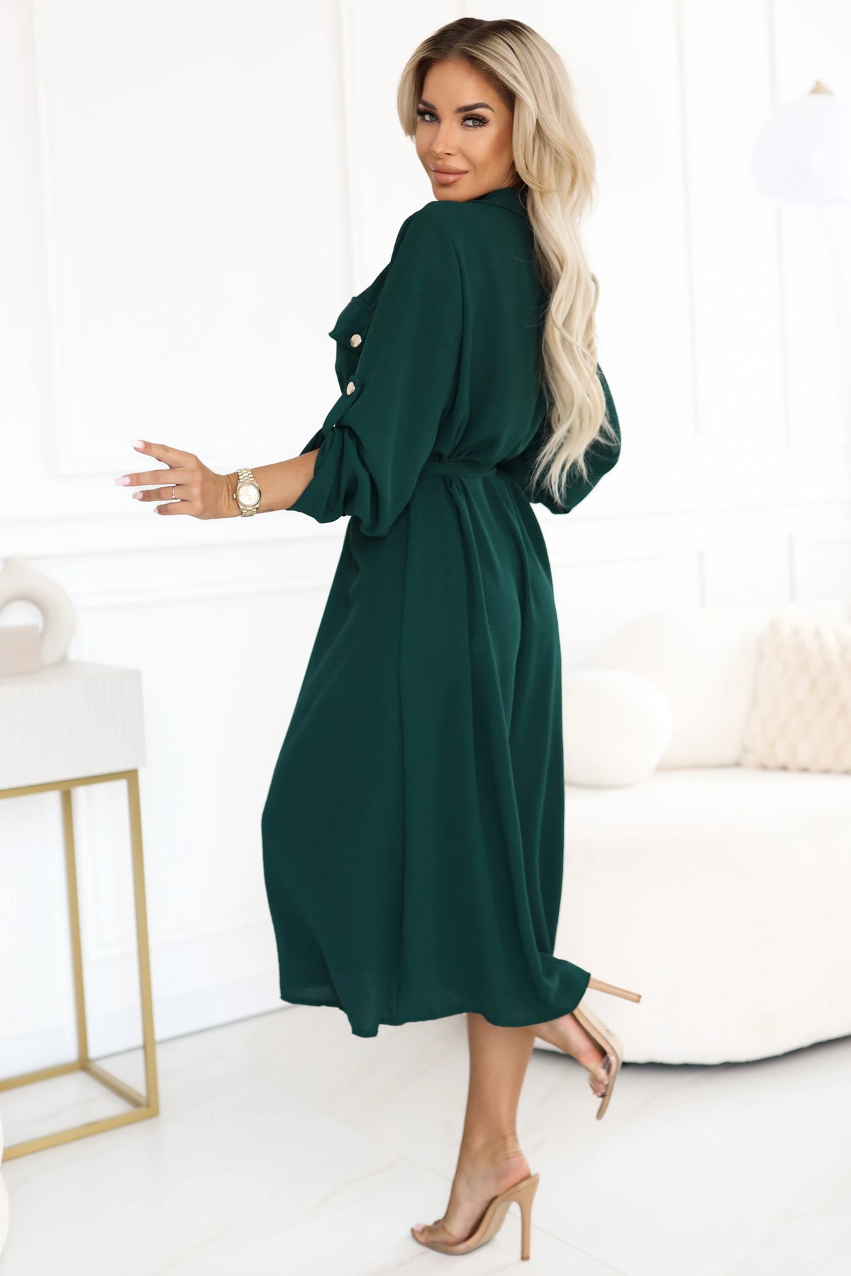 Midi shirt dress with gold buttons and tie detail – Green