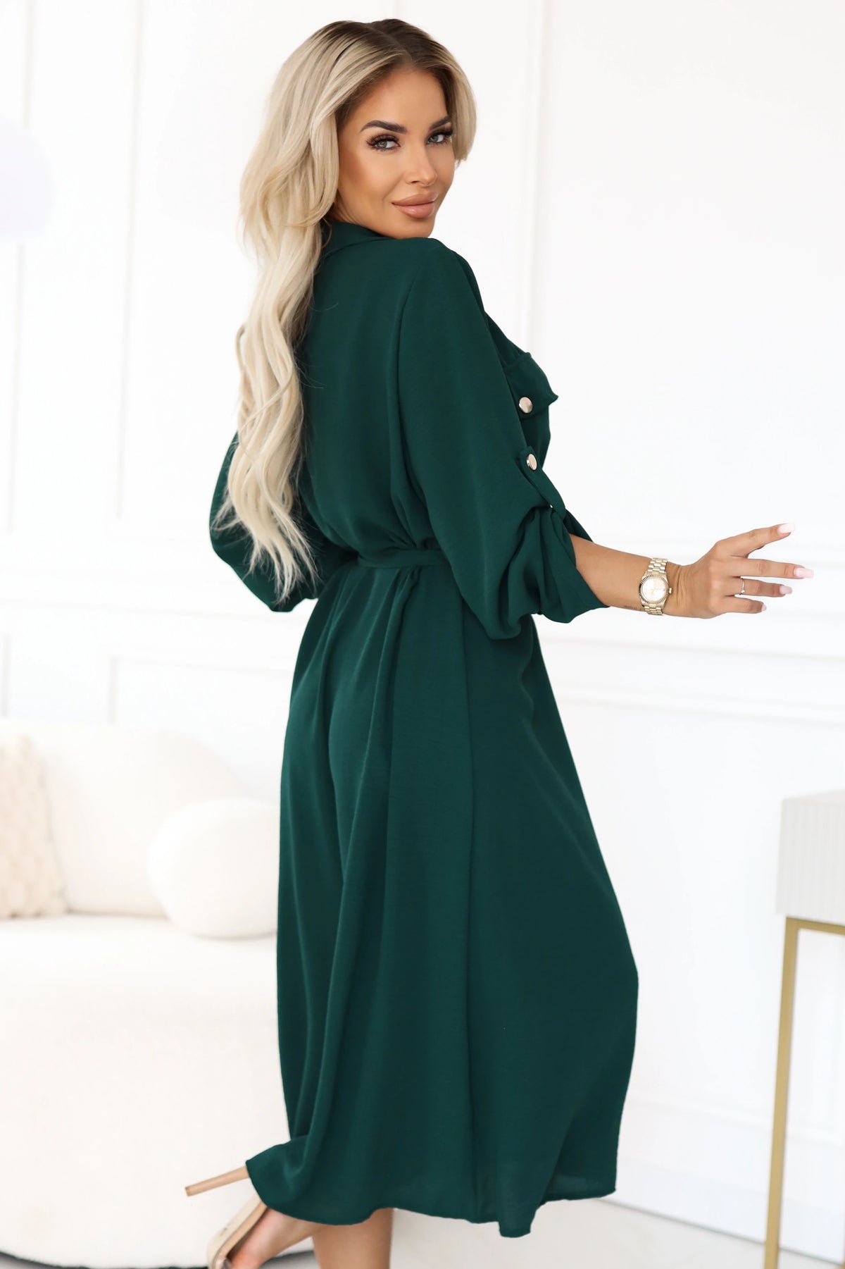 Midi shirt dress with gold buttons and tie detail – Green