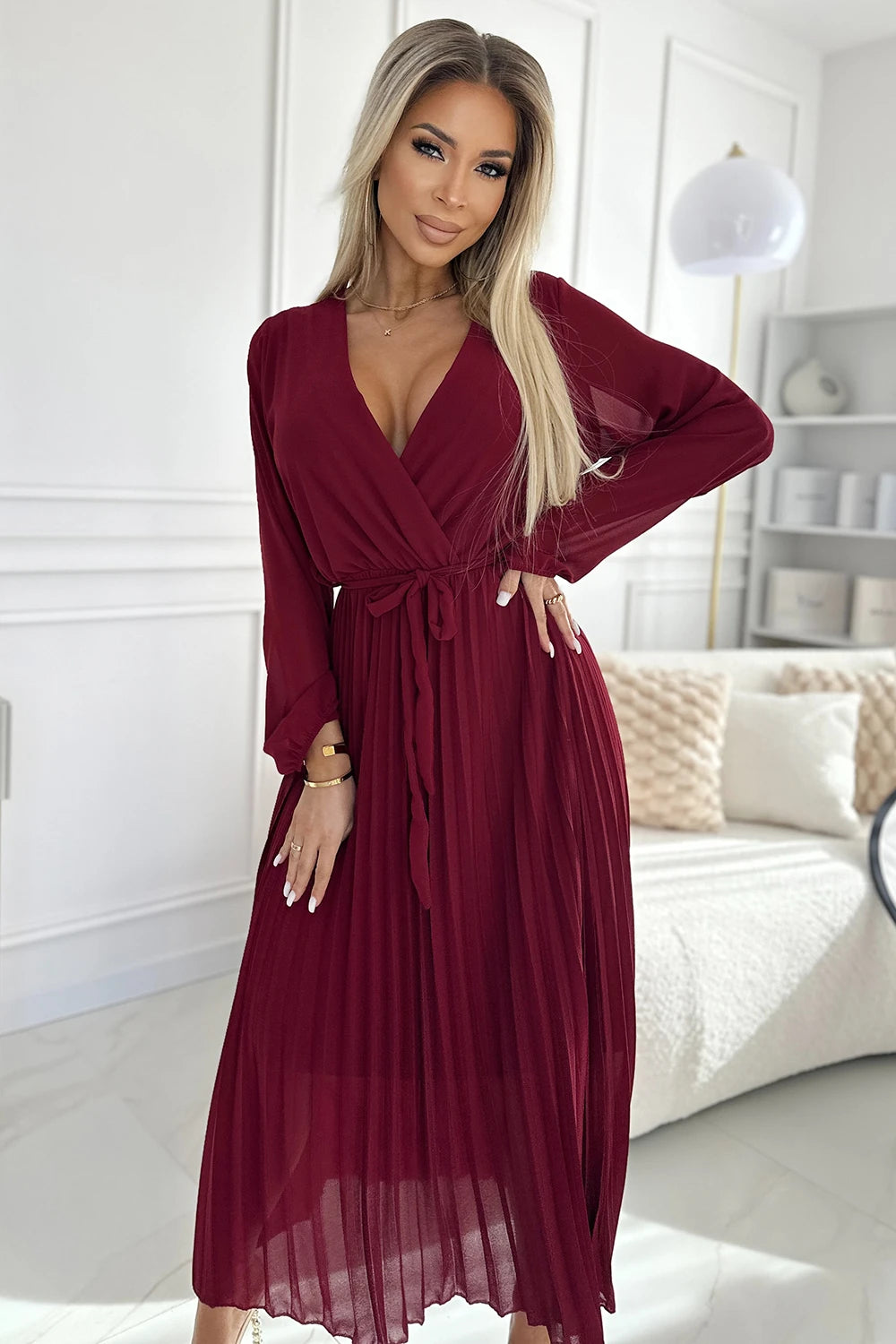 Pleated chiffon dress with scoop neckline, long sleeves and tied belt – Burgundy