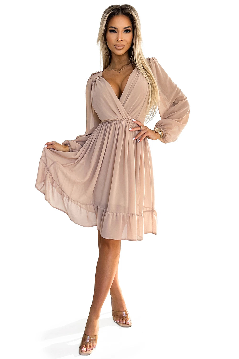 ANTRESOLA 5L MILA Chiffon midi dress with long sleeves and neckline – Beige