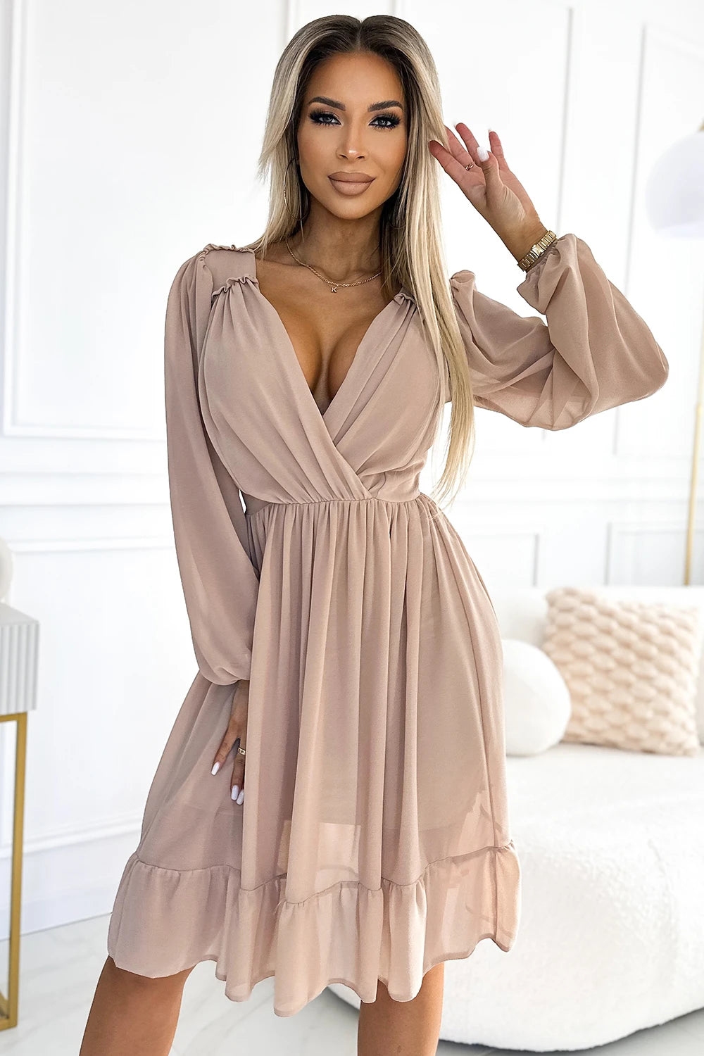 ANTRESOLA 5L MILA Chiffon midi dress with long sleeves and neckline – Beige