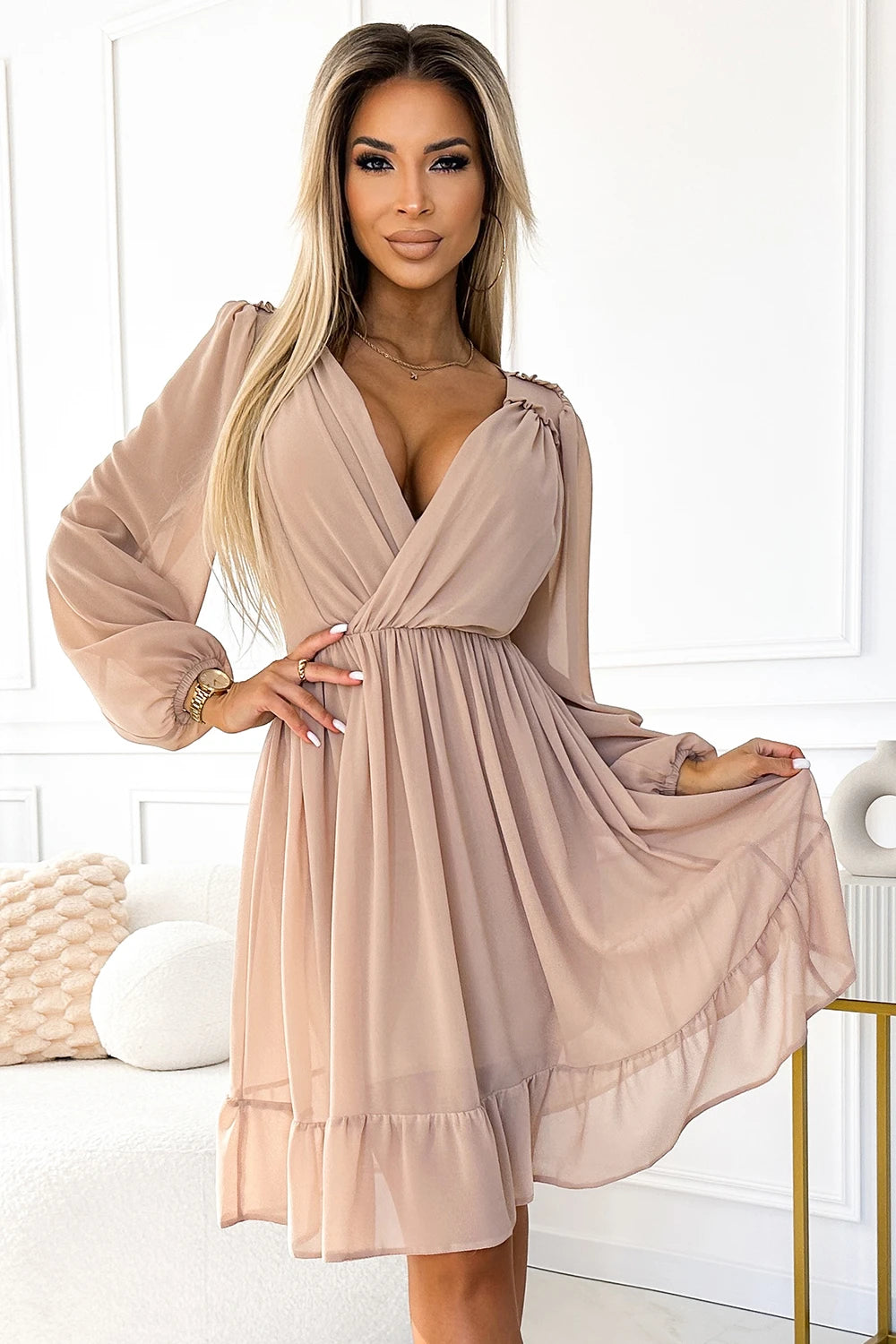ANTRESOLA 5L MILA Chiffon midi dress with long sleeves and neckline – Beige