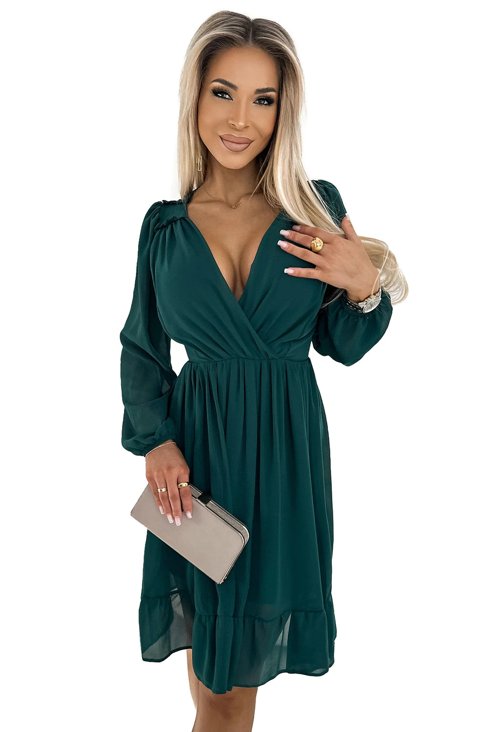 ANTRESOLA 5L MILA Chiffon midi dress with long sleeves and neckline – Green