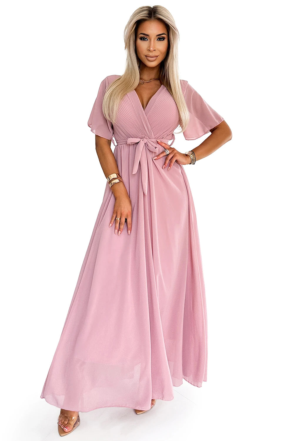 Long dress with a pleated neckline and ties – Powder Pink