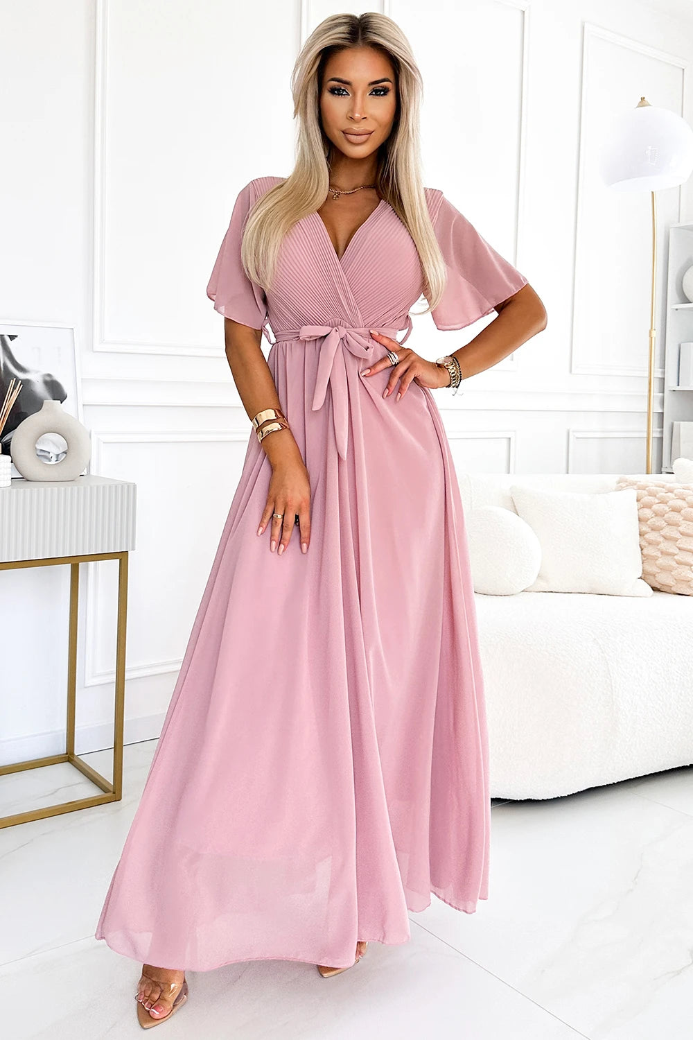 Long dress with a pleated neckline and ties – Powder Pink