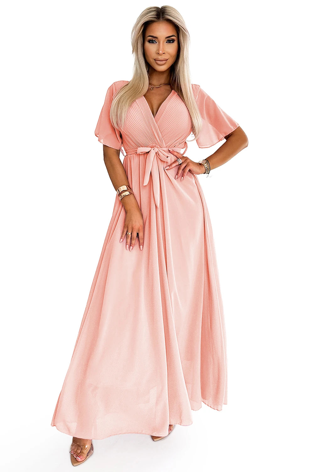 Long dress with pleated neckline and tie – Peach Color