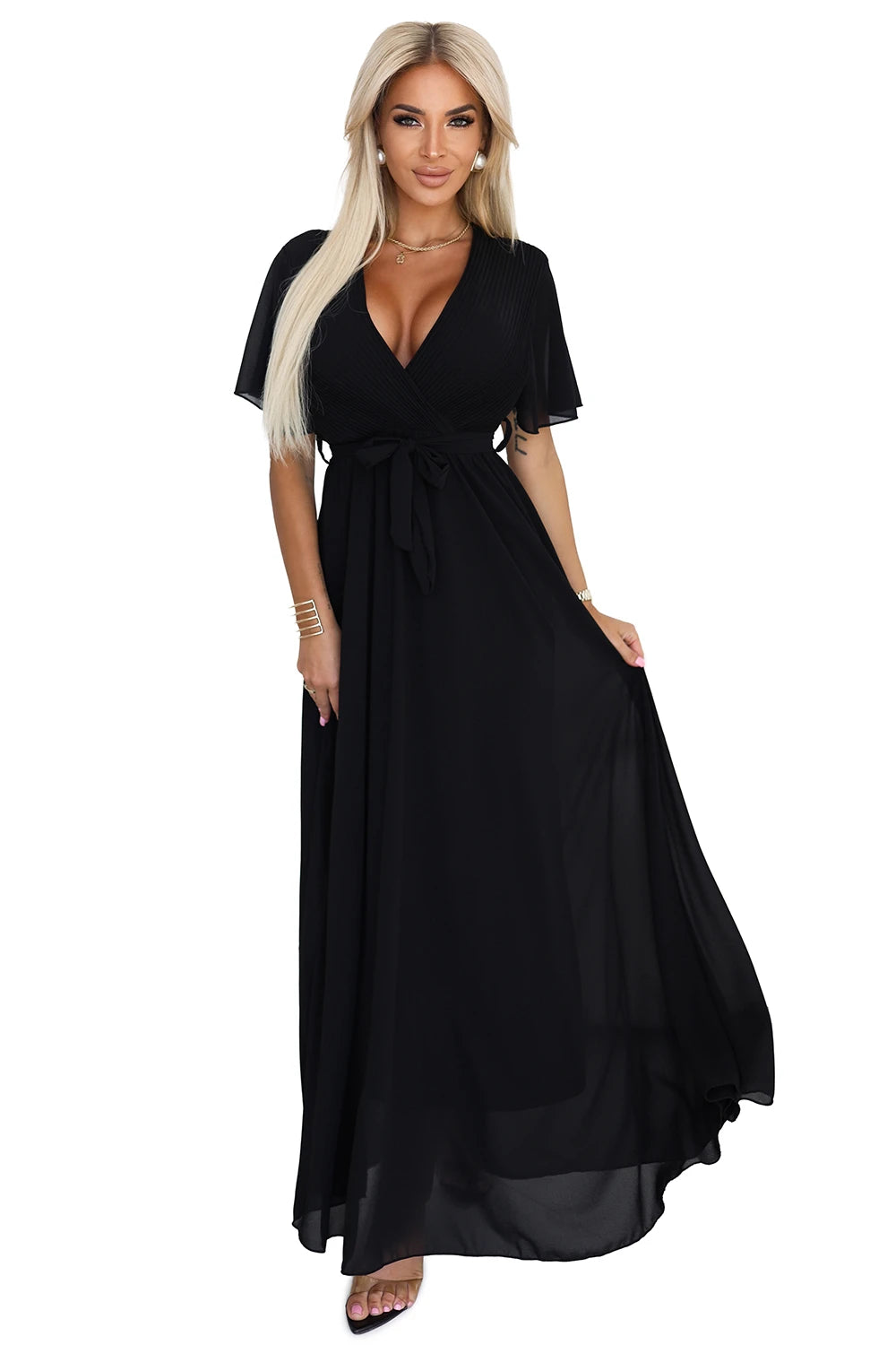 Long dress with pleated neckline and tie – Black