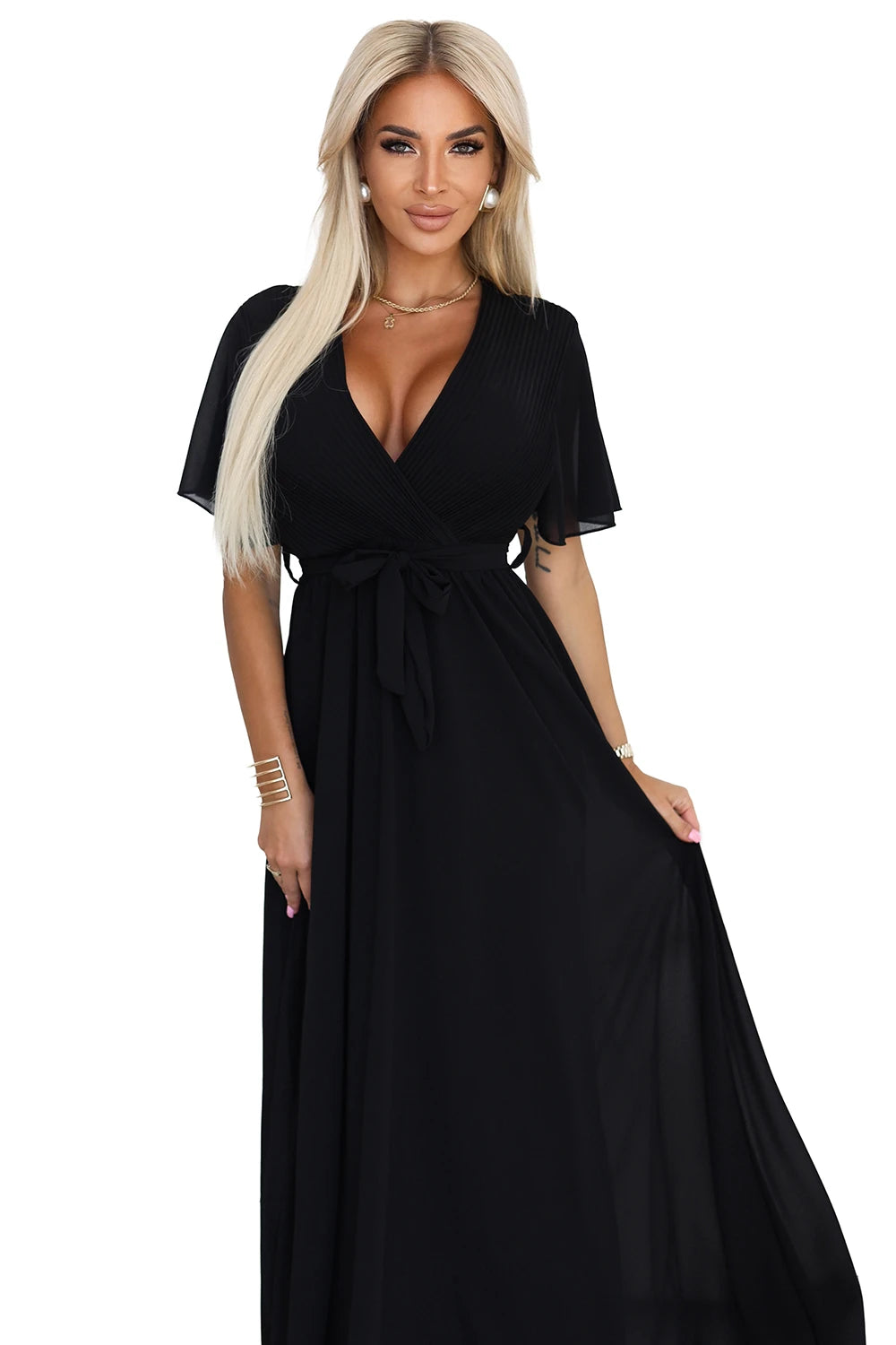 Long dress with pleated neckline and tie – Black