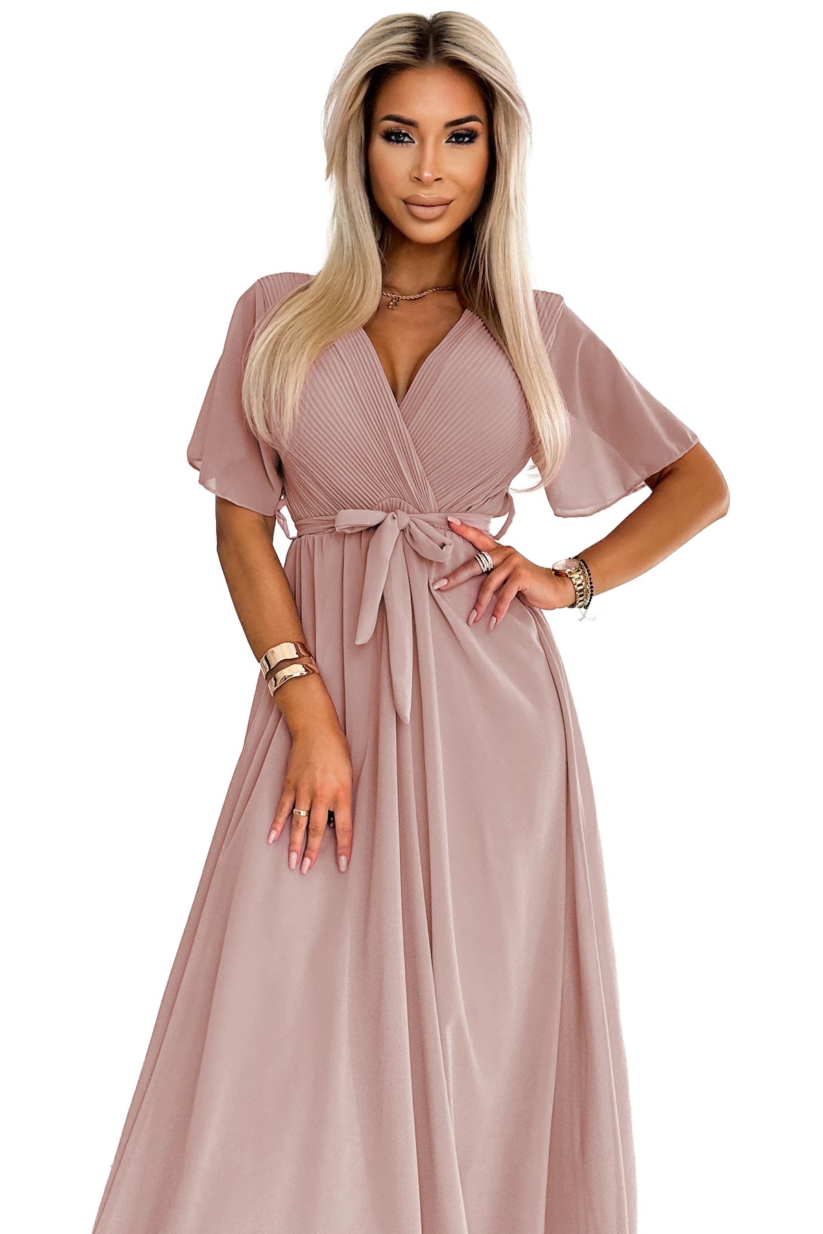 Long dress with pleated neckline and tie – Taupe