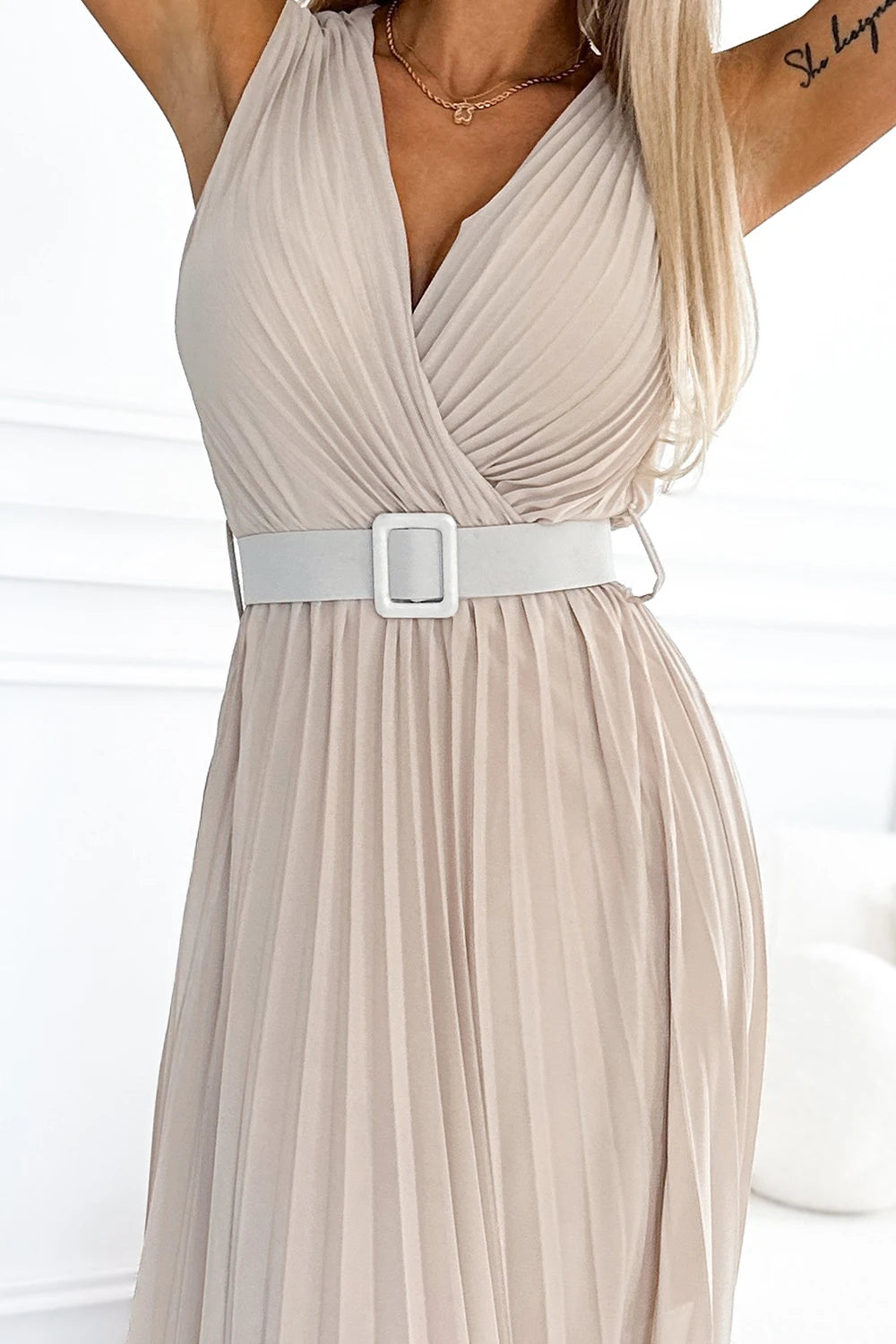 Pleated dress with a wide belt and neckline – Beige
