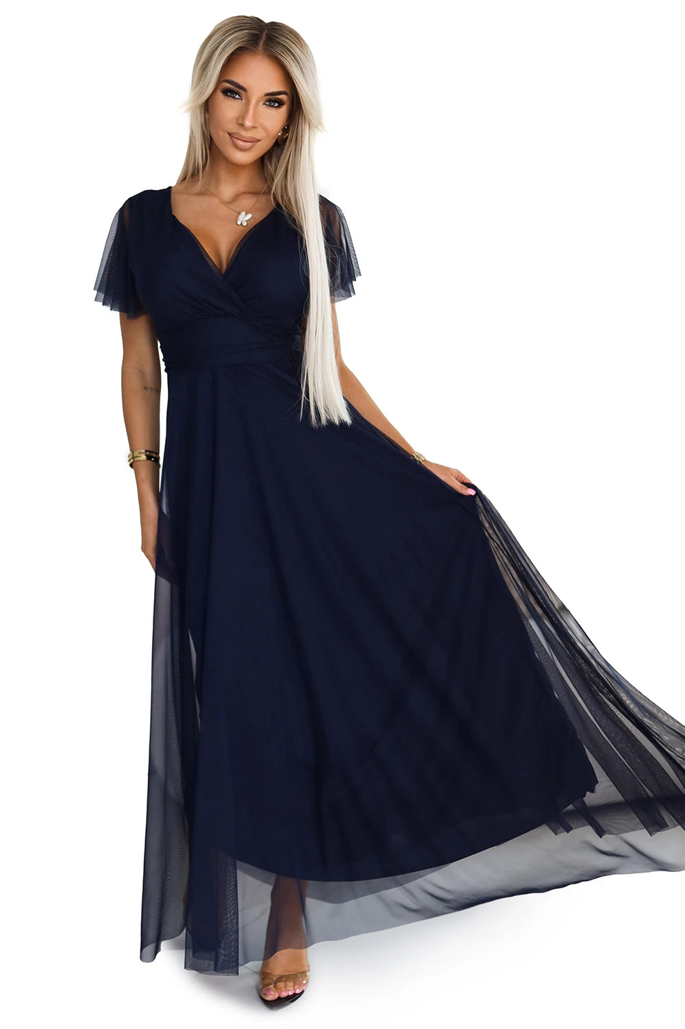 NASTIA Long dress with neckline and short sleeves – Navy Blue