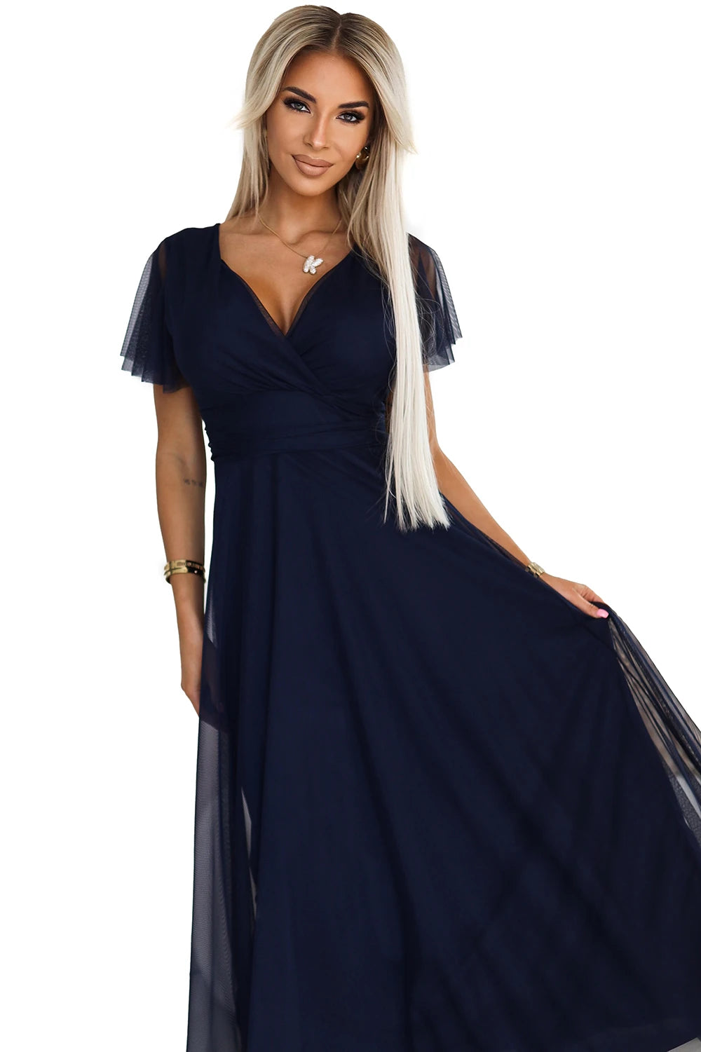 NASTIA Long dress with neckline and short sleeves – Navy Blue