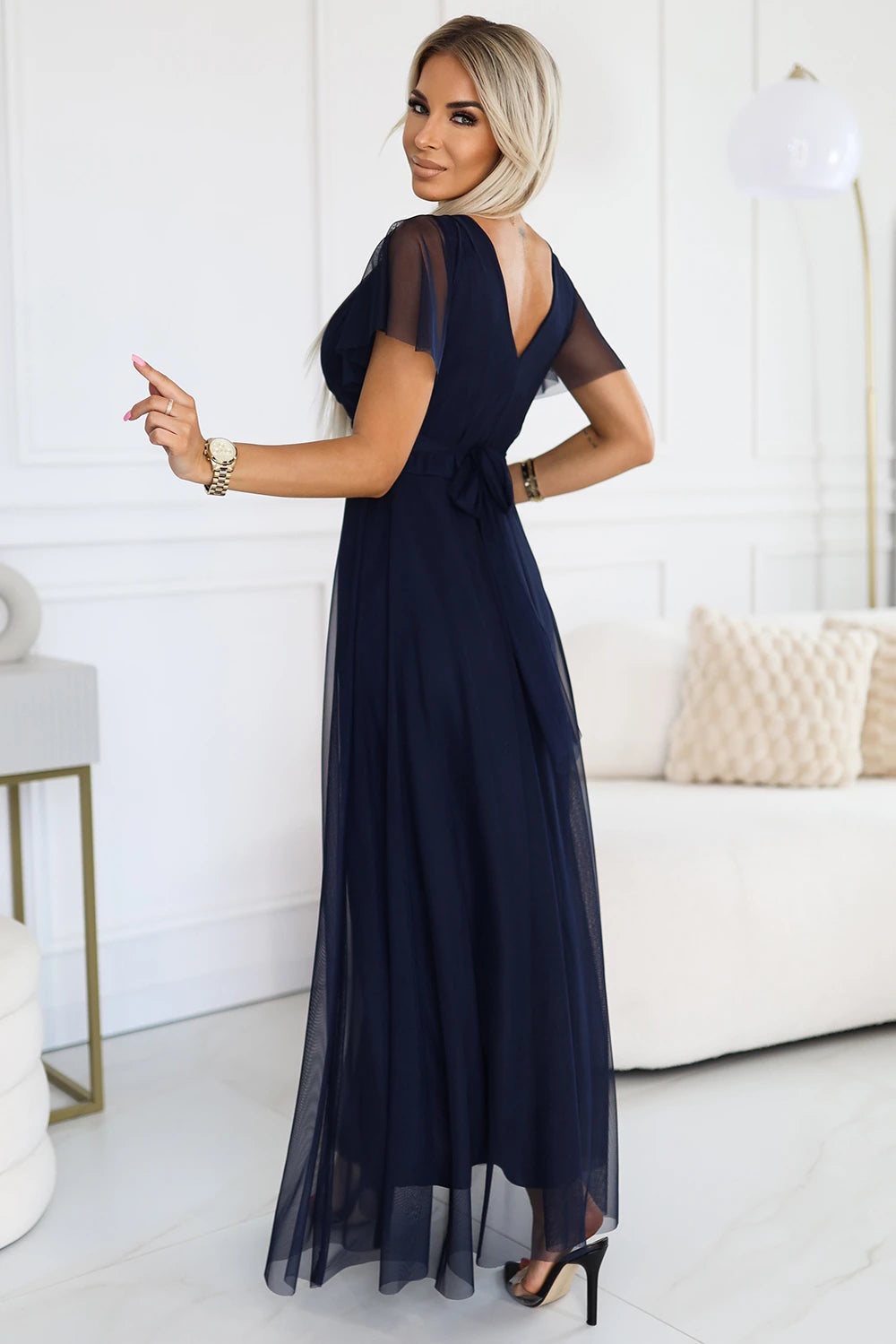 NASTIA Long dress with neckline and short sleeves – Navy Blue