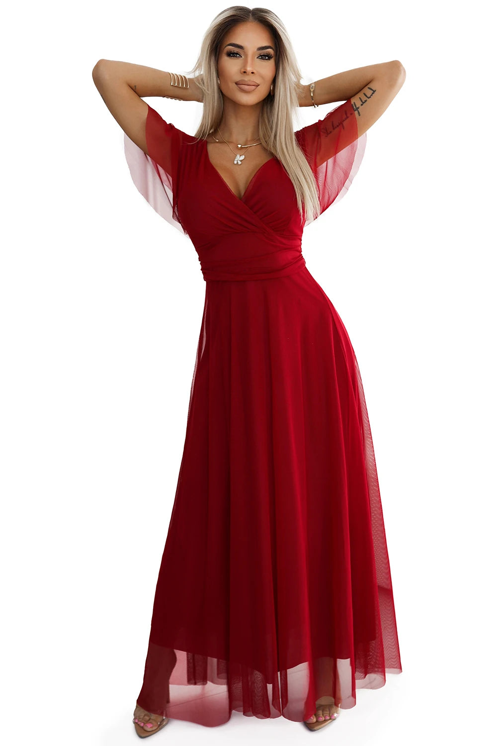 NASTIA Long dress with neckline and short sleeves – Burgundy