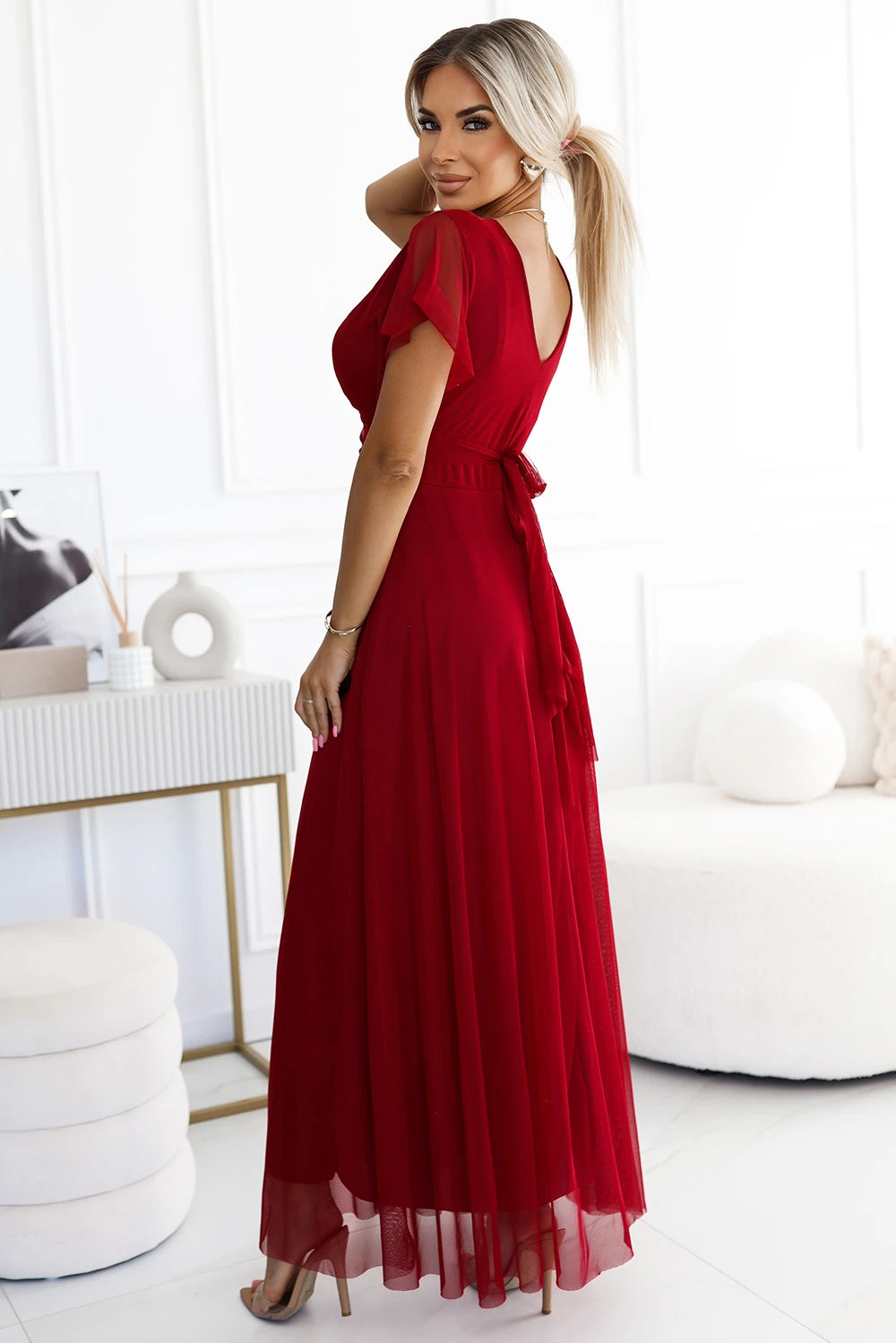 NASTIA Long dress with neckline and short sleeves – Burgundy