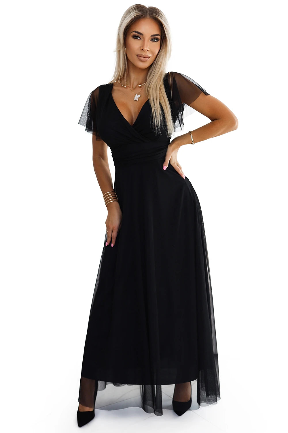 NASTIA Long dress with neckline and short sleeves – Black