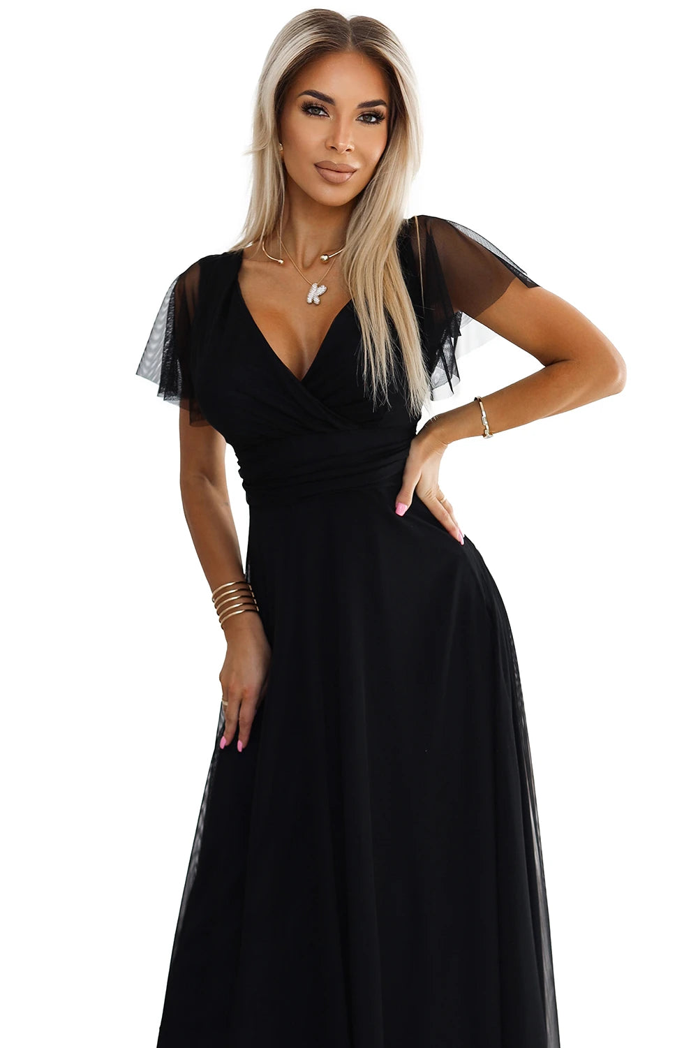 NASTIA Long dress with neckline and short sleeves – Black