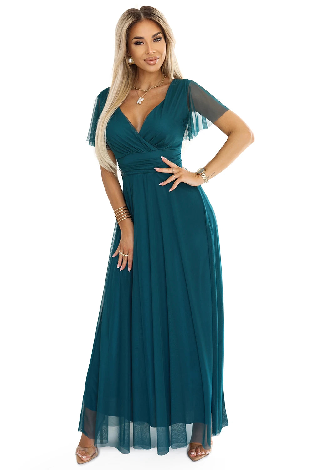 NASTIA Long dress with a neckline and short sleeves – Green