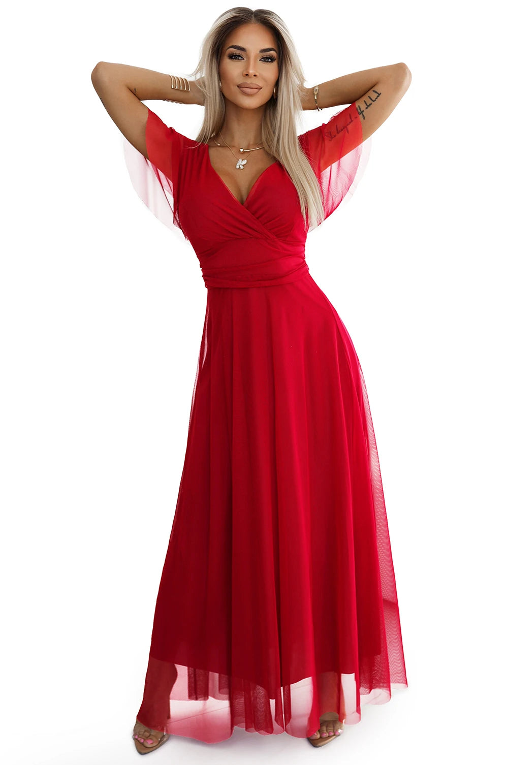 NASTIA Long dress with a neckline and short sleeves – Red