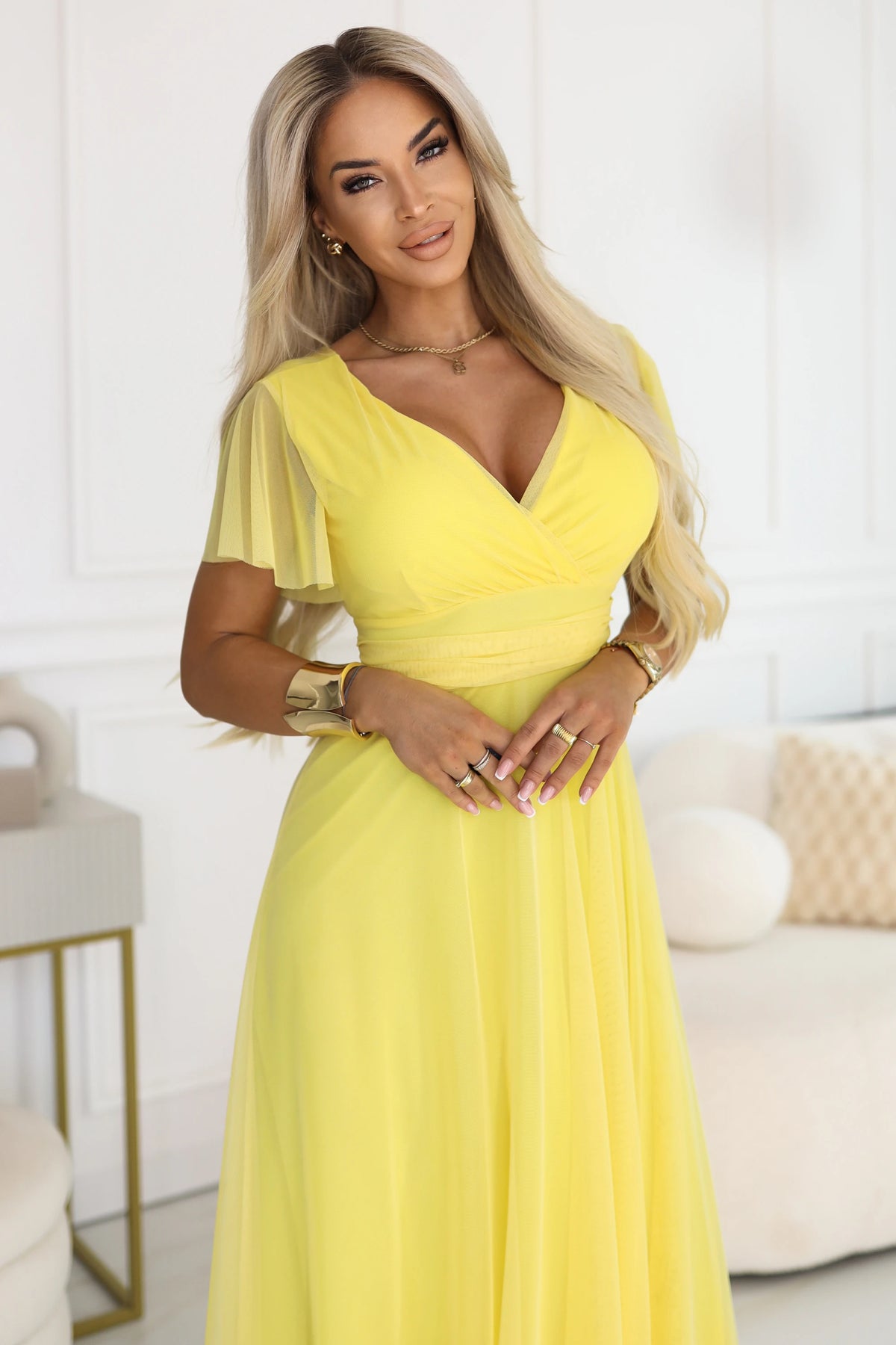 NASTIA Long dress with a neckline, tie and short sleeves – Lemon Limoncello