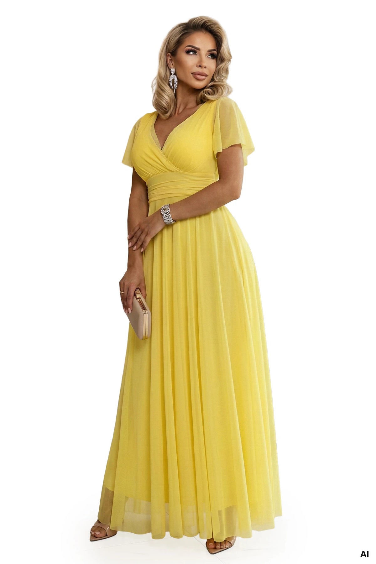NASTIA Long dress with a neckline, tie and short sleeves – Lemon Limoncello
