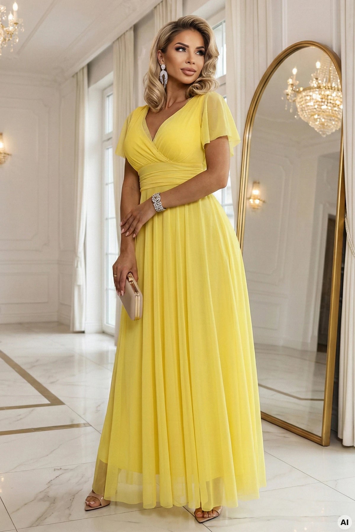 NASTIA Long dress with a neckline, tie and short sleeves – Lemon Limoncello