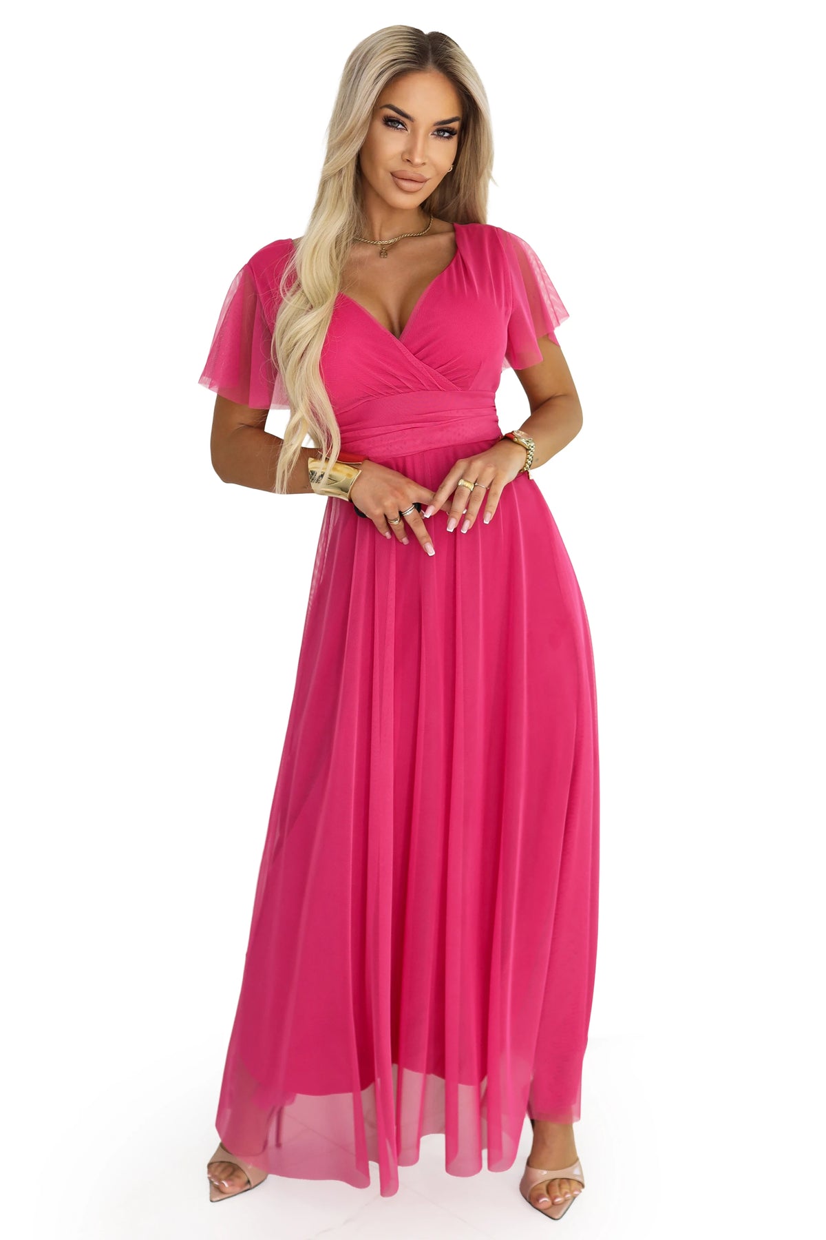 NASTIA Long dress with a neckline, tie and short sleeves – Raspberry Sorbet