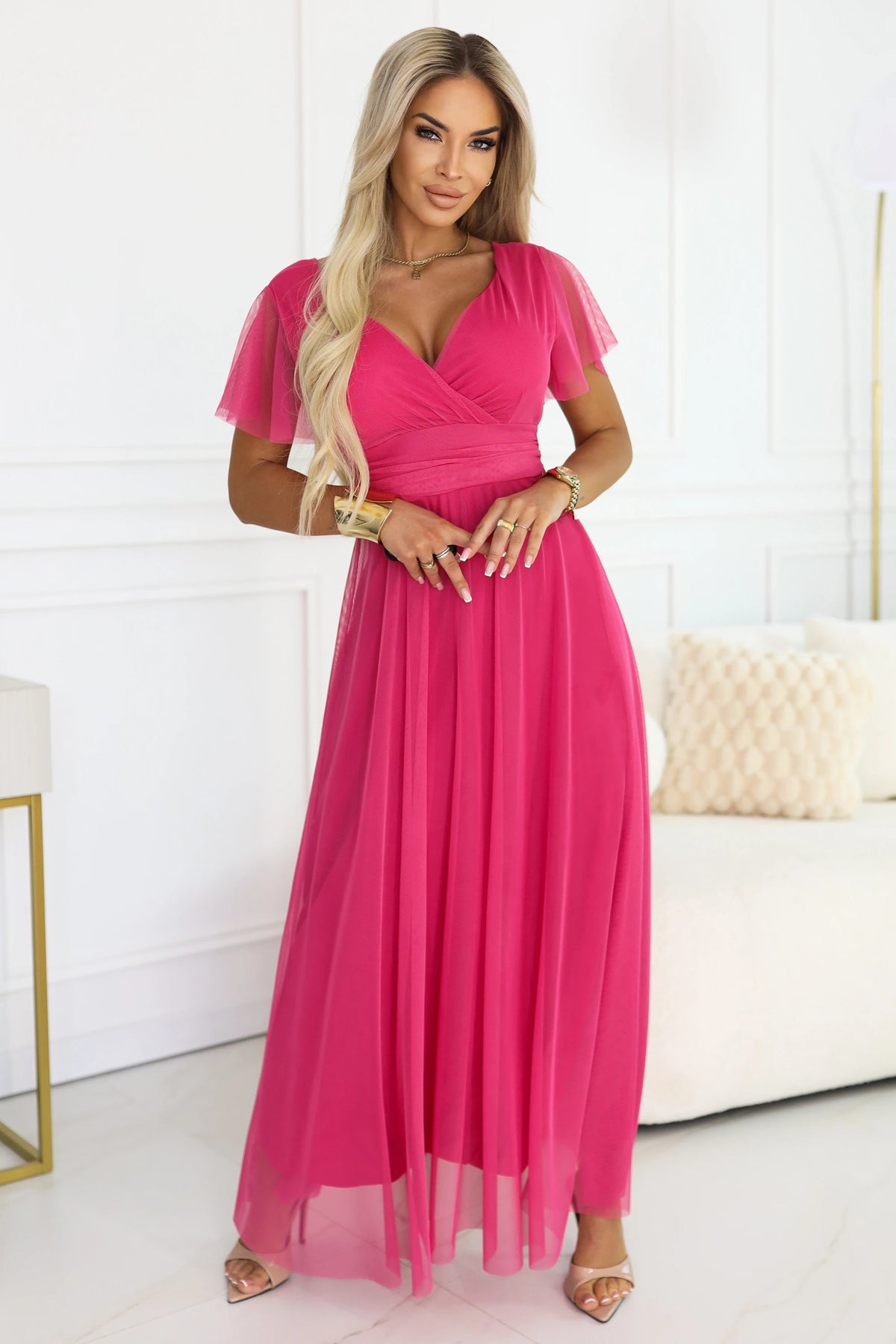 NASTIA Long dress with a neckline, tie and short sleeves – Raspberry Sorbet