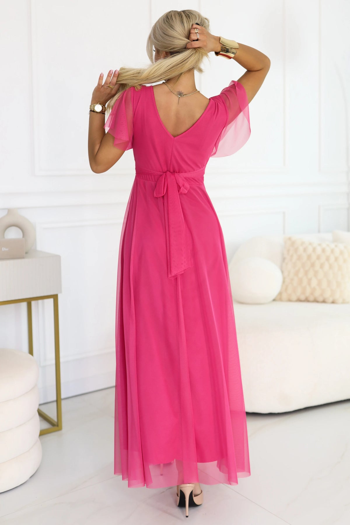 NASTIA Long dress with a neckline, tie and short sleeves – Raspberry Sorbet