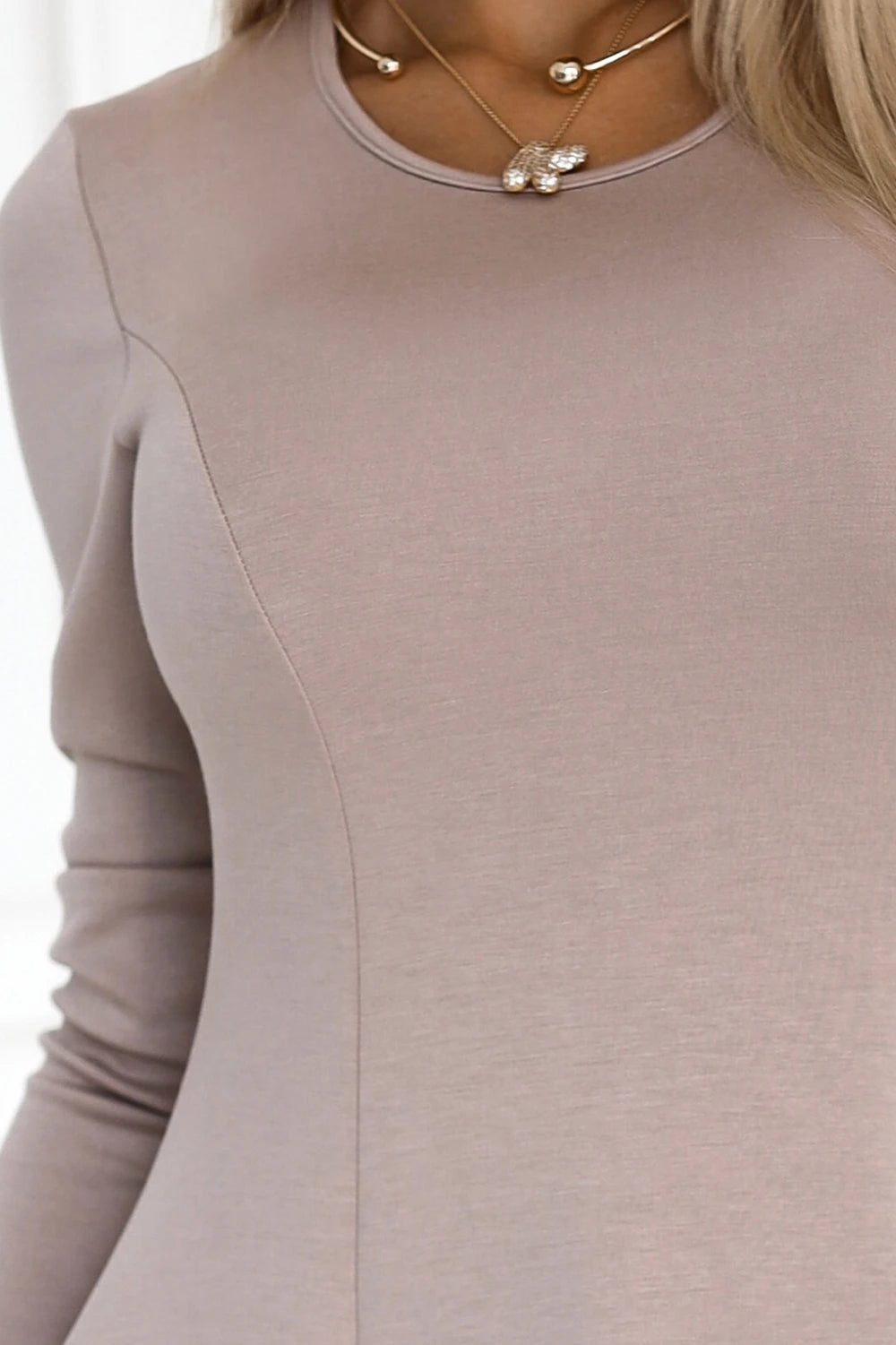 Comfortable long sleeve trapeze dress – Beige