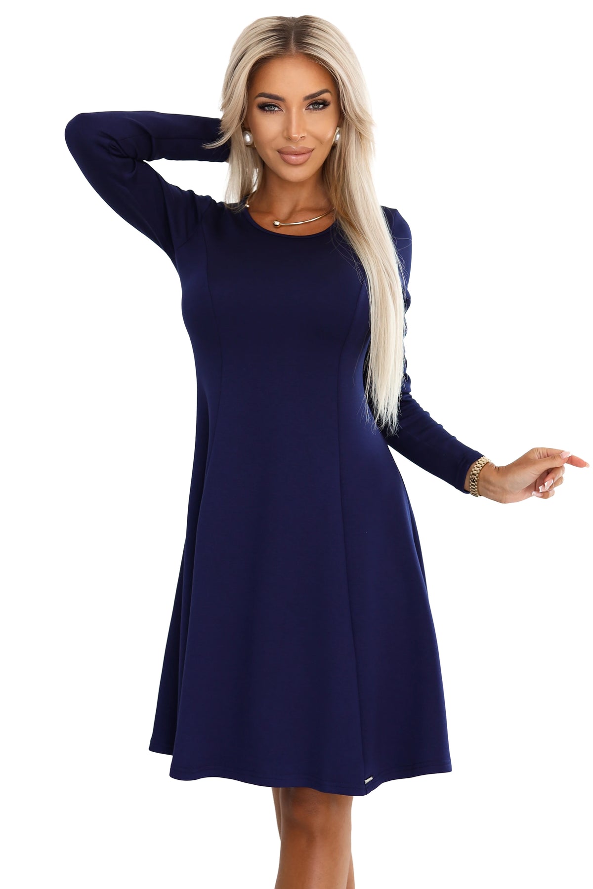 Comfortable trapeze dress with long sleeves – Navy Blue