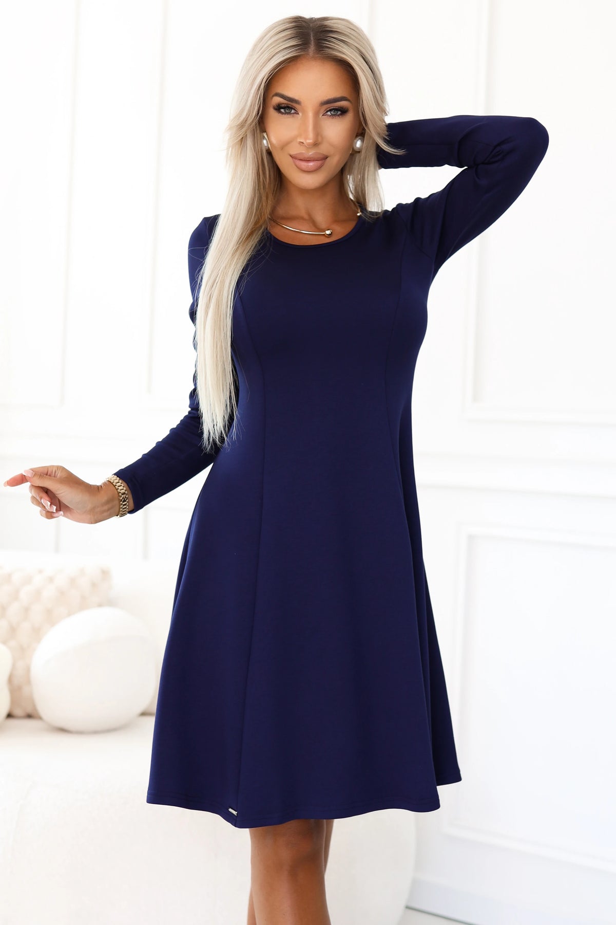 Comfortable trapeze dress with long sleeves – Navy Blue