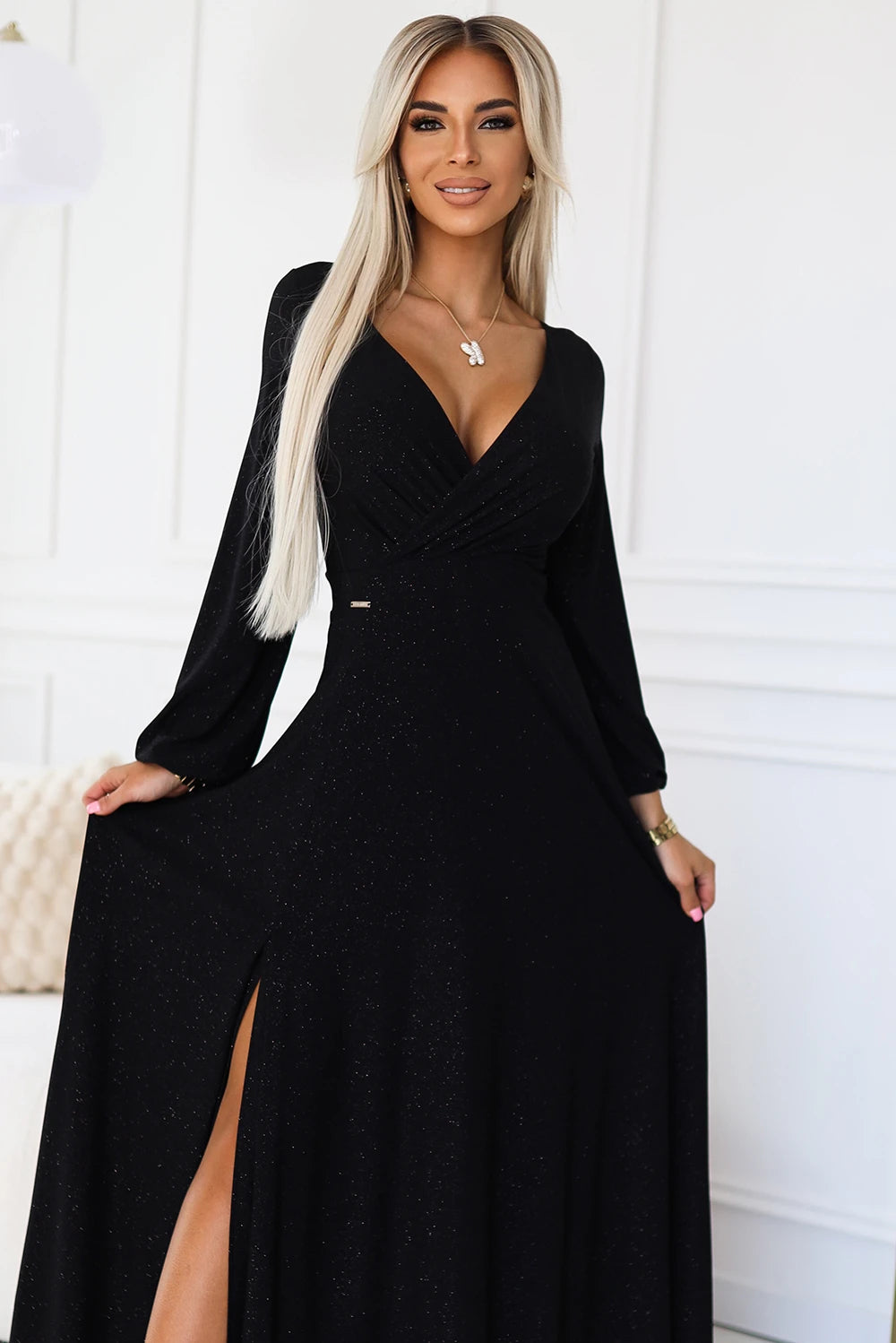 NELA shiny long gown with neckline and long sleeves – Black