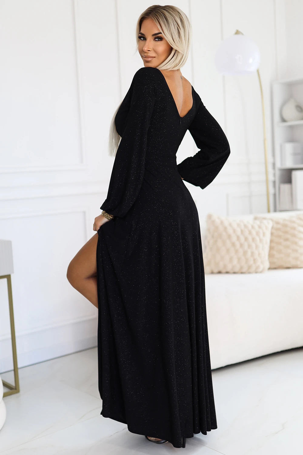 NELA shiny long gown with neckline and long sleeves – Black