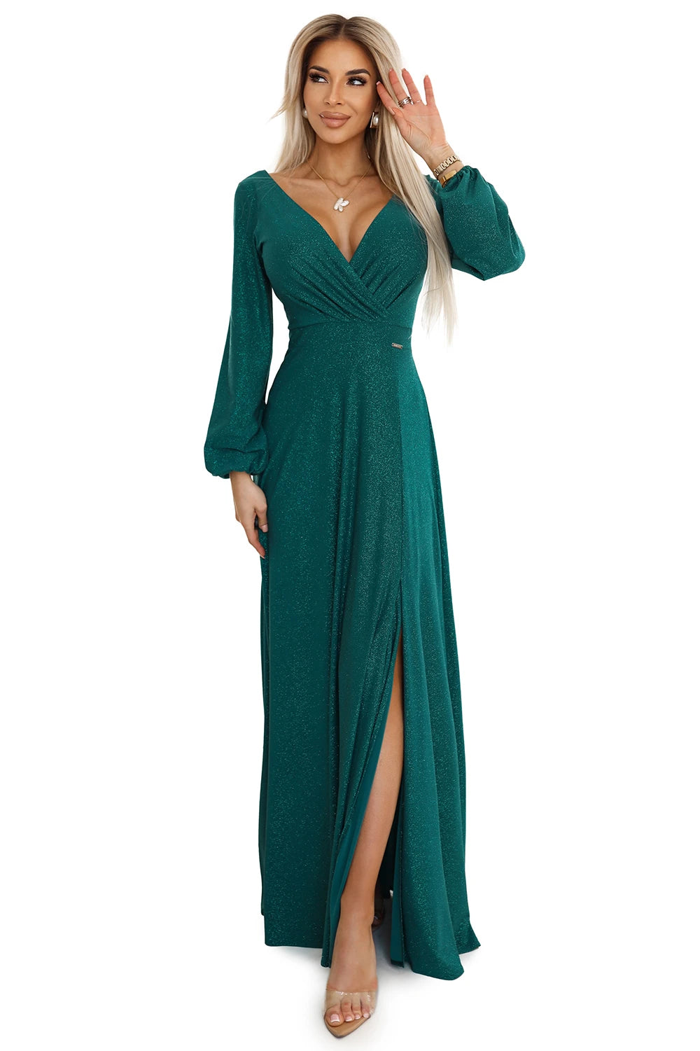 NELA shiny long dress with neckline, long sleeves and leg slit – Green