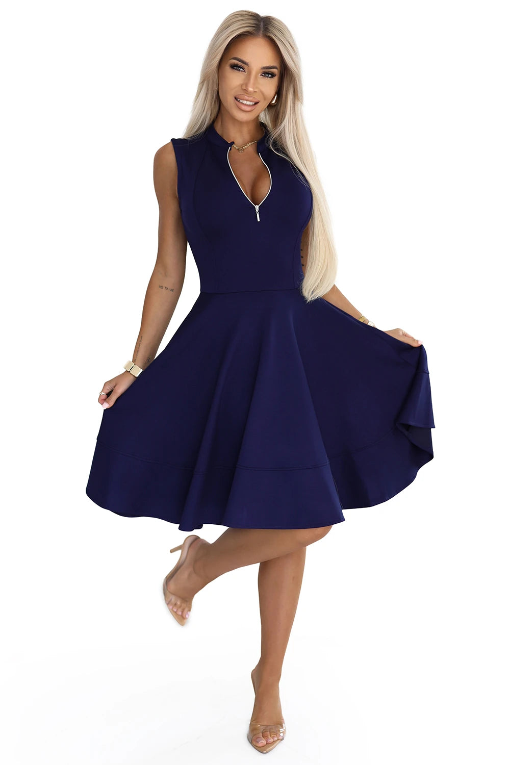 Exclusive dress with flared bottom and gold zipper – Navy Blue