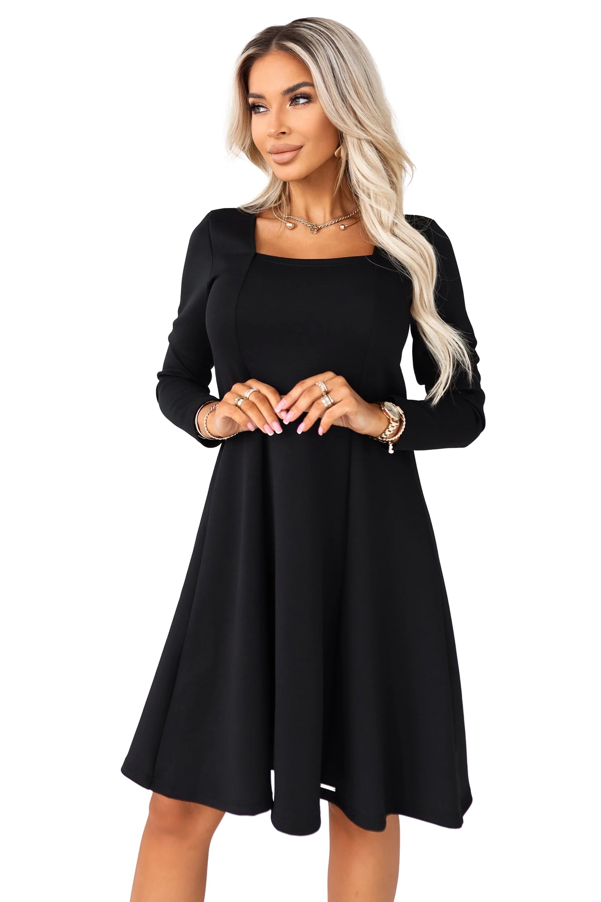 IVANA comfortable trapeze dress with a neckline and long sleeves – Black