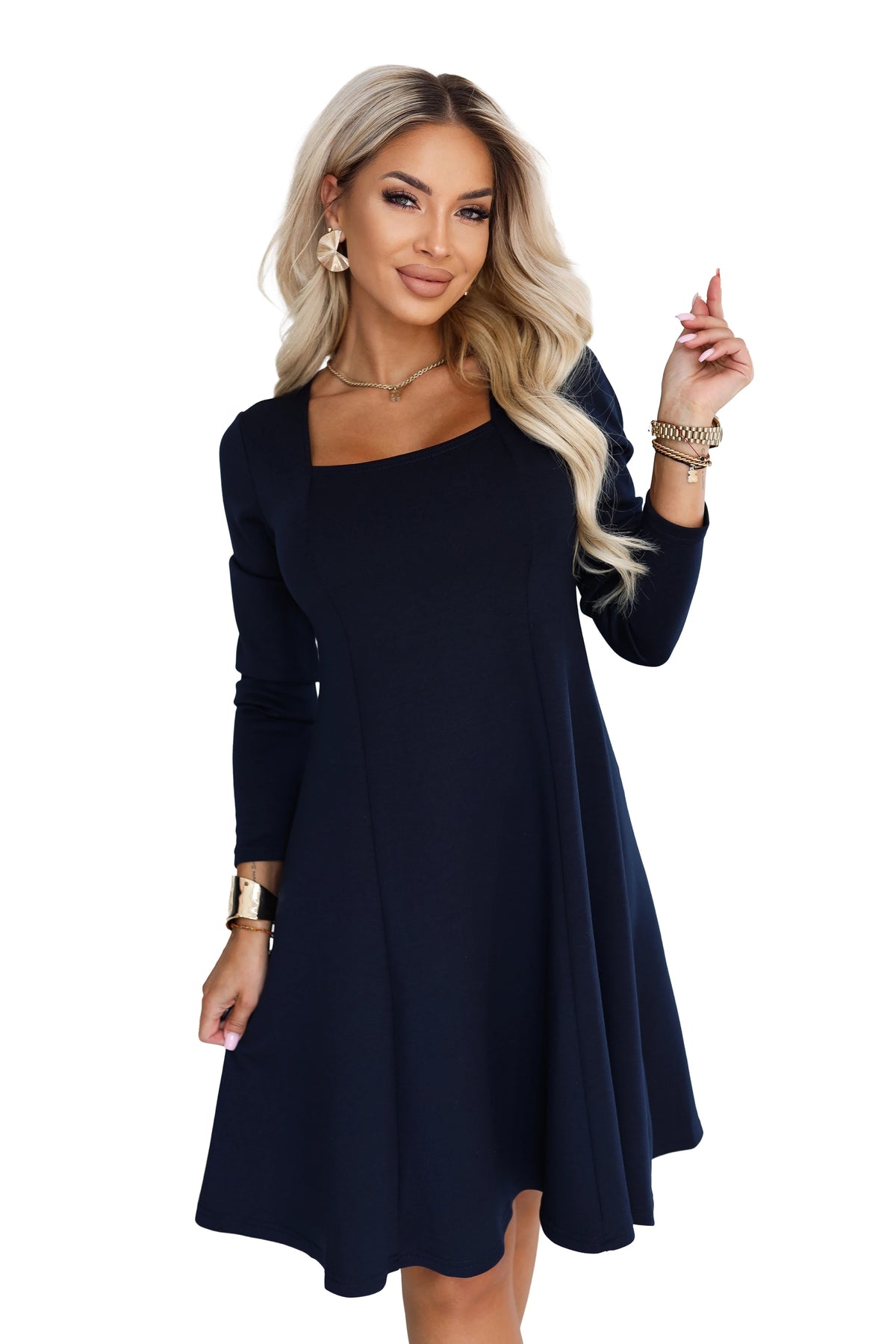 IVANA Comfortable trapeze dress with a neckline and long sleeve – Navy Blue