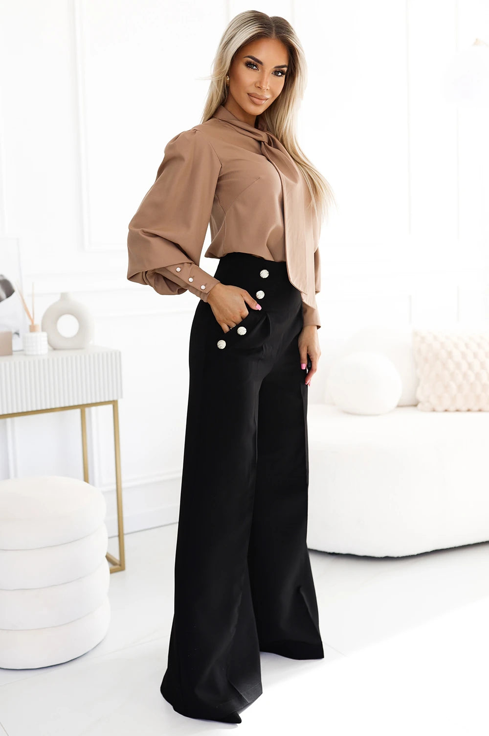 Unique business blouse with long sleeves, ties and buttons – caramel color – Mocha Mousse
