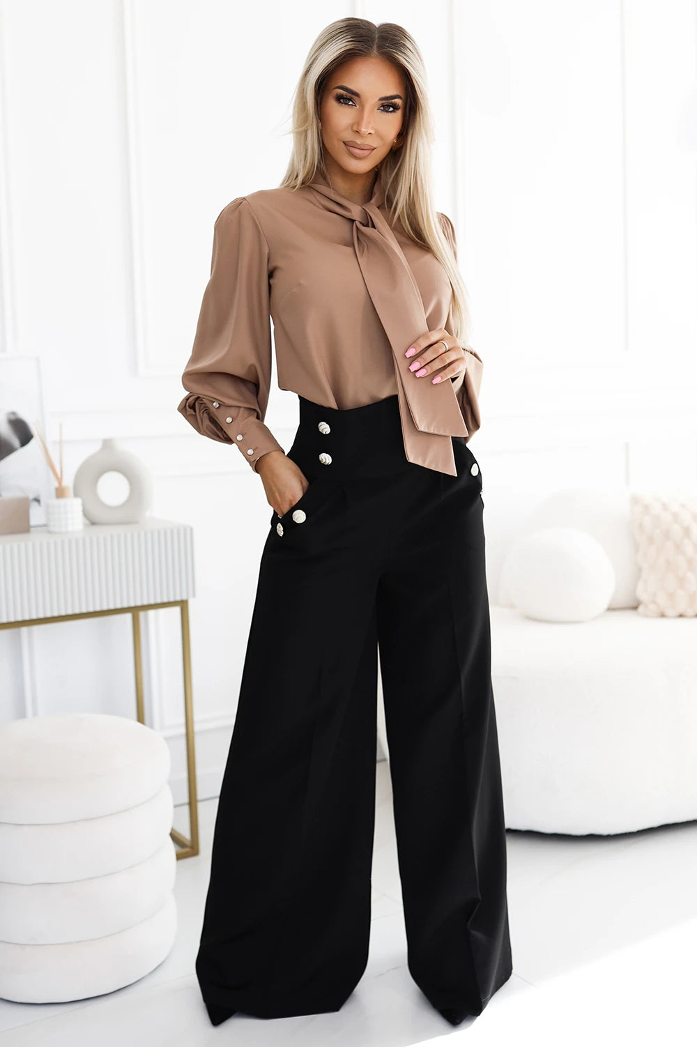 Unique business blouse with long sleeves, ties and buttons – caramel color – Mocha Mousse