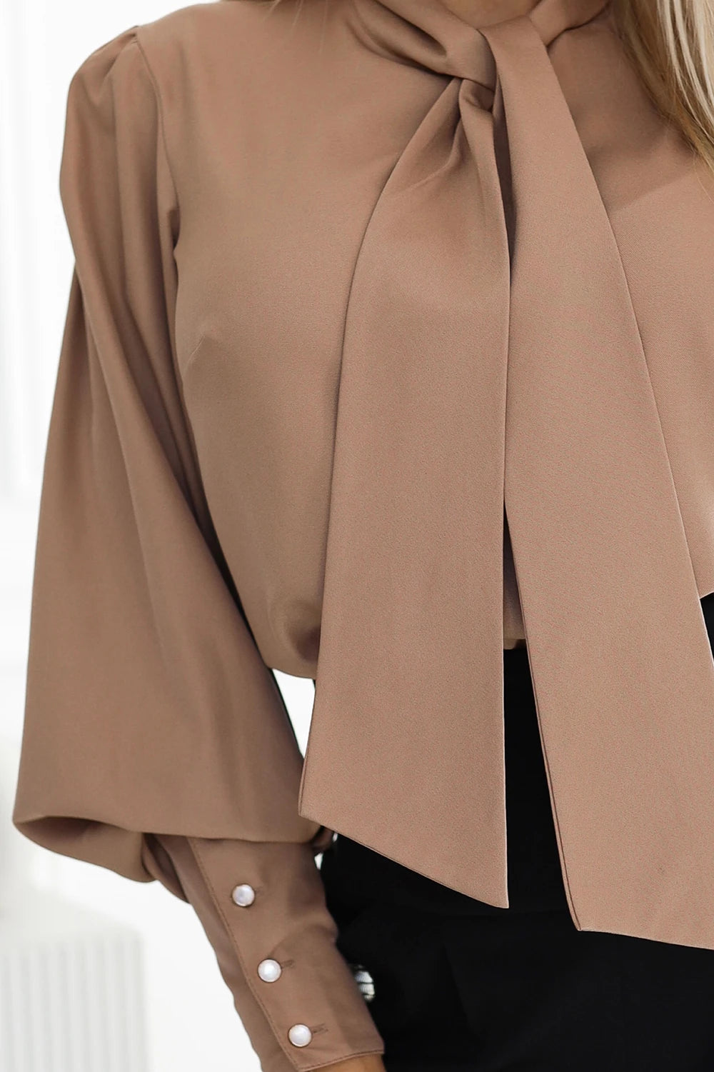 Unique business blouse with long sleeves, ties and buttons – caramel color – Mocha Mousse