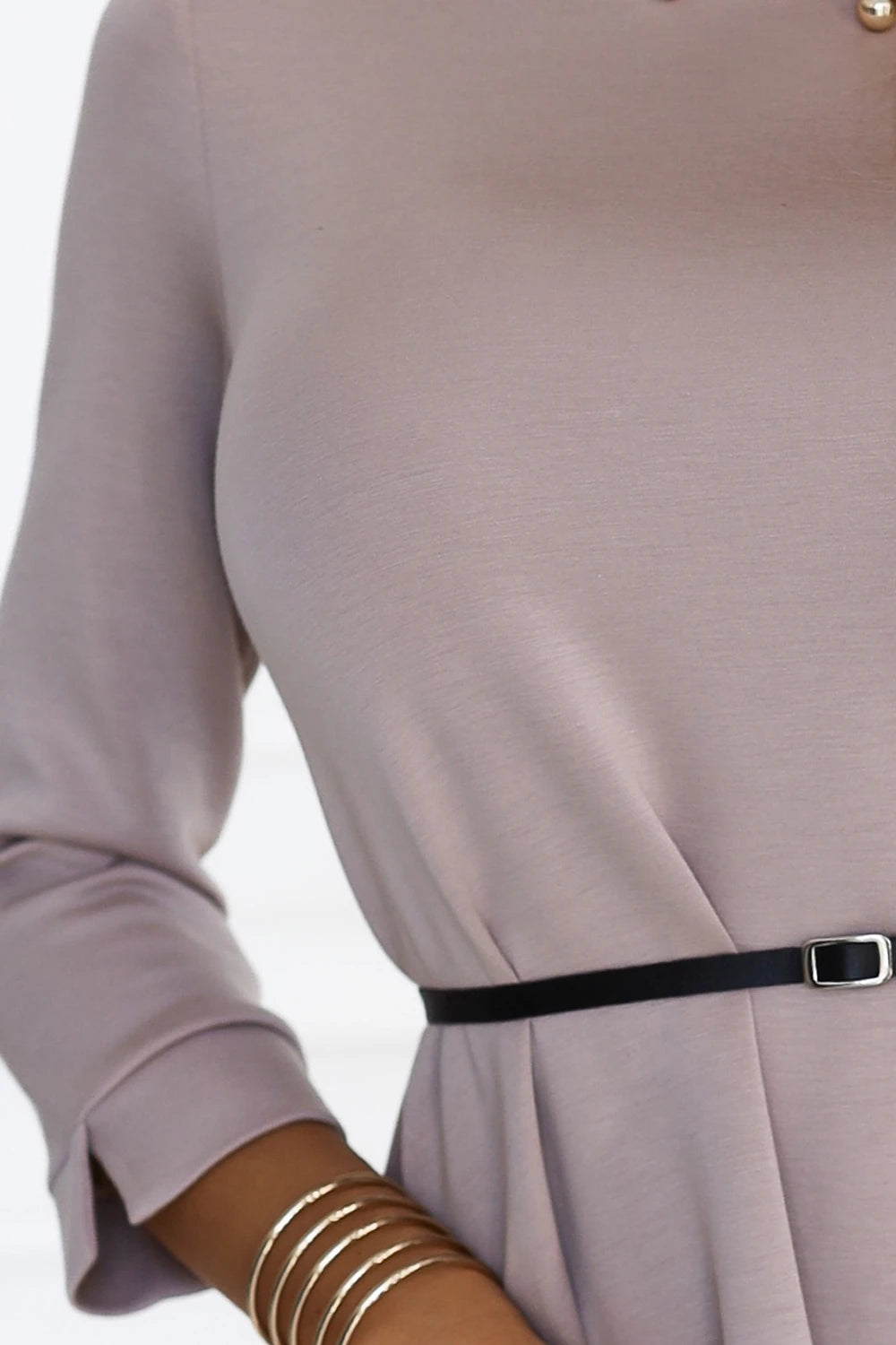 Classic trapeze dress with black belt – Beige