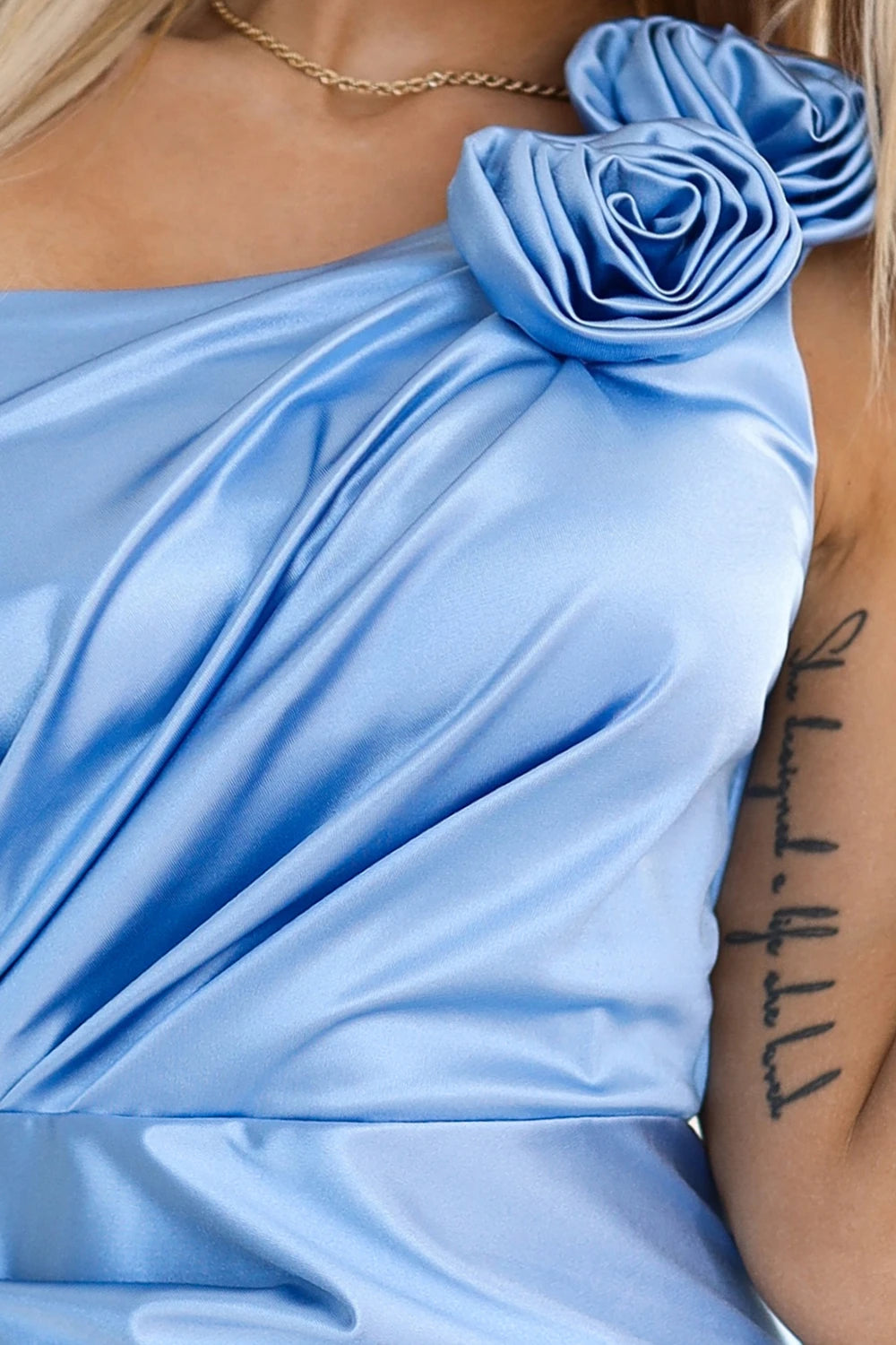 AURORA long satin one shoulder dress with roses – Light Blue Color