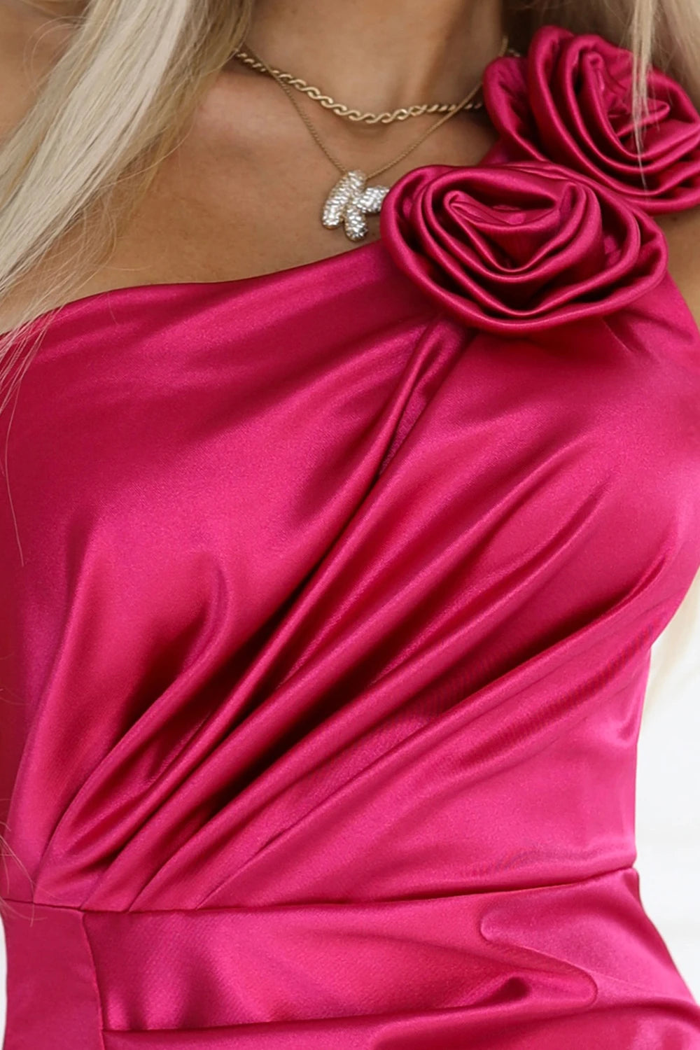 AURORA Long Satin One Shoulder Dress with Rose and Slit – Pink