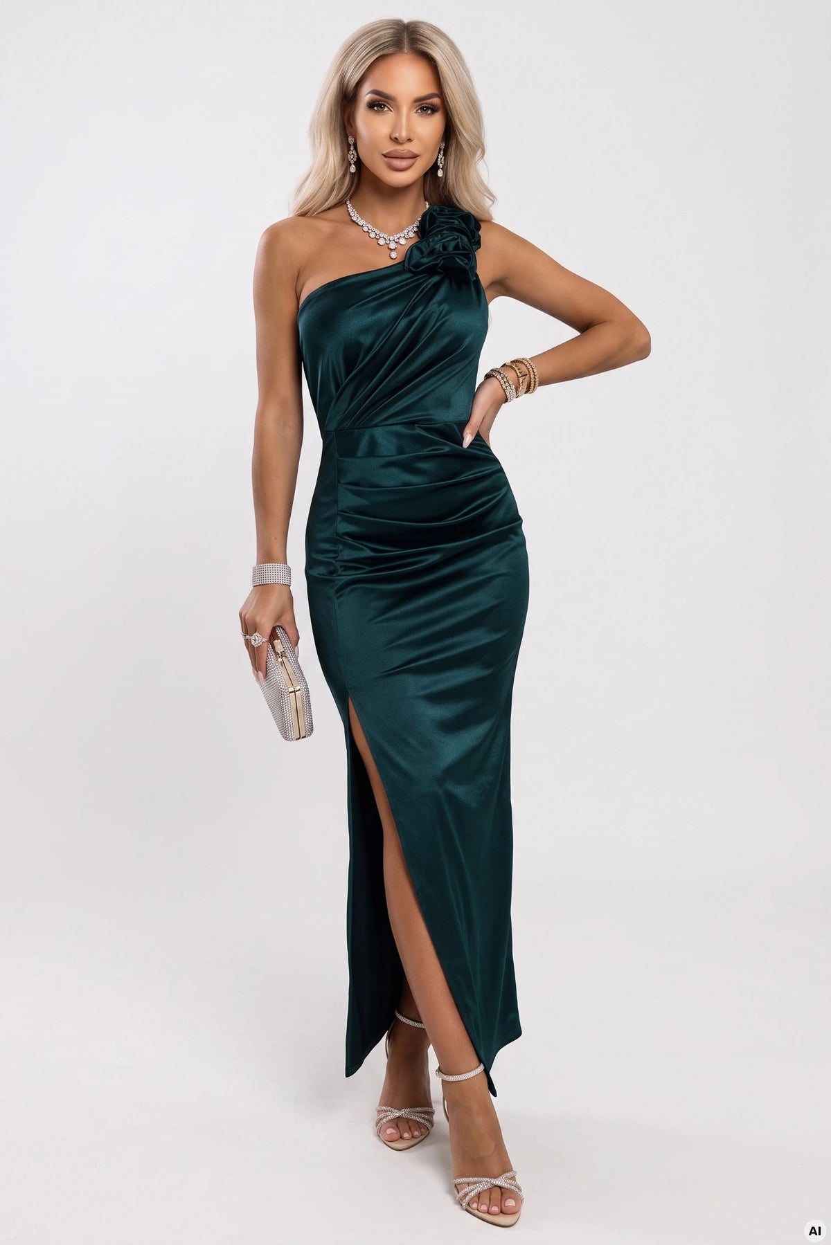AURORA Long satin one-shoulder dress with roses – Bottle Green