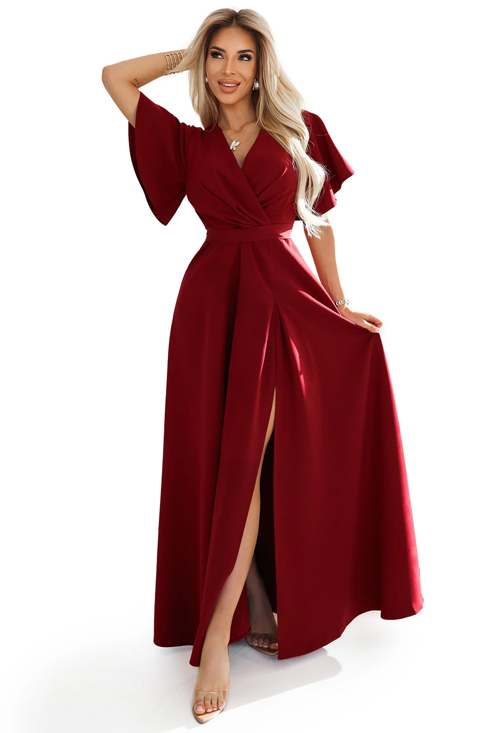 JENNIFER long dress with leg slit, sleeve and neckline – Burgundy Color